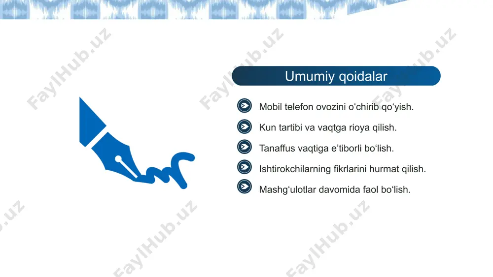 strategik savollar berish formativ baholash usullari samarali formativ baholash strategiyalari “so‘z zanjiri” usuli qo‘llash tartibi: o‘quvchilar biror-bir mavzu doirasida so‘z aytadi, tugagan tovush bilan boshlanuvchi so‘z aytishni davom ettiradi. so‘z topa olmagan o‘yindan chiqib ketadi. eng oxirida qolgan uch nafar o‘quvchi yutgan hisoblanadi. misol: sifatlar mavzusida aqlli, iliq, qiyin … “savol-javob doirasi” usuli qo‘llash tartibi: o‘quvchilar aylana bo‘lib o‘tiradi. biri savol beradi, boshqasi javob beradi, keyingisi boshqa savol beradi, sherigi javob beradi. shu tartibda davom etadi. misol: hikoyada kim bosh qahramonga yordam beradi? 🔹 27. “so‘z zanjiri” tavsif: har bir o‘quvchi oldingi o‘quvchining so‘ziga bog‘lab gap yoki so‘z aytadi. afzalligi: lug‘at boyligini oshiradi, e’tibor va tafakkurni kuchaytiradi. samarali formativ baholash strategiyalari “bosh barmoq” usuli qo‘llash tartibi: o‘qituvchi o‘quvchilarga o‘tilgan mashg‘ulot yuzasidan savollar beradi, ular fikrini barmoq ishorasi bilan bildiradi. misol: “o‘tilgan mavzuni tushundingizmi?” – barmoq yuqoriga (tushundim); – barmoq yon tomonga (qisman); – barmoq pastga (tushunmadim). 🟢 🟡 🔴 “bbb” …