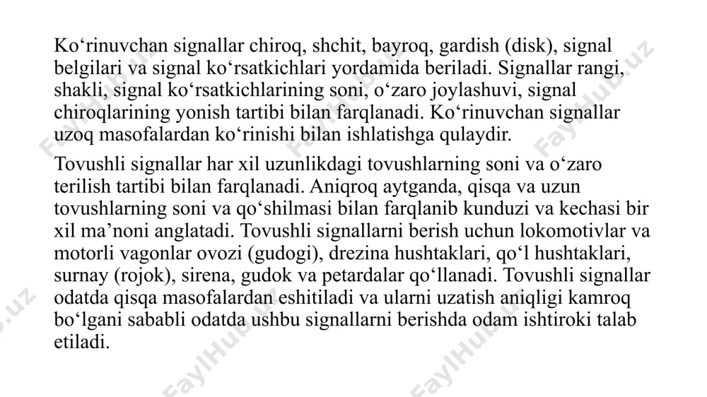 toforlar har bir rang uchun alohida linza komplektiga ega bo‘lib, tuzilishi oddiy, ishlashi puxta va chidamli bo‘ladi. signal ko‘rinishini yaxshilash uchun svetofor kallagi fon shchiti (barkash) va soyabonlar bilan jihozlanadi. burilish joylarda yorug‘likni yo‘naltirish uchun svetofor linzalariga og‘diruvchi shishalar qo‘yiladi. linzali svetoforlarga tashqaridan kuchli yorug‘lik tushganda ko‘rinish susayishi yoki qisman o‘zgarishi mumkin. projektorli svetoforlarda tayanch machtaga dumaloq gardishli fon shchiti bo‘lgan projektorli svetofor kallagi o‘rnatilib, bir kallak linza komplekti orqali uch xil rangda signal beriladi. rang olish uchun kallak ichida uch xil rangli nur filtri o‘rnatiladi. stansiyalarda signallarning qo‘yilishi va ulardan foydalanish temir yo‘llarda signallar harakat yo‘nalishi bo‘yicha yo‘lning o‘ng tomonidan qo‘yiladi, yoki inshootlarning yakinlashish gabaritini hisobga olgan holda yo‘l o‘qi tepasida qo‘yiladi. signallar uning ko‘rinishini boshqa yo‘l signali bilan chalkashmaydigan qilib qo‘yiladi. stansiyaga kirish signali kelish yo‘nalishi bo‘yicha birinchi strelkali o‘tkazgichning tig‘li yo‘naltirgichidan (ayrilaridan) yoki birinchi strelkali o‘tkazgichning chegara qoziqchasidan kamida 50 m oldinda qo‘yiladi. elektrlashtirilgan uchastkalarda kirish signali …