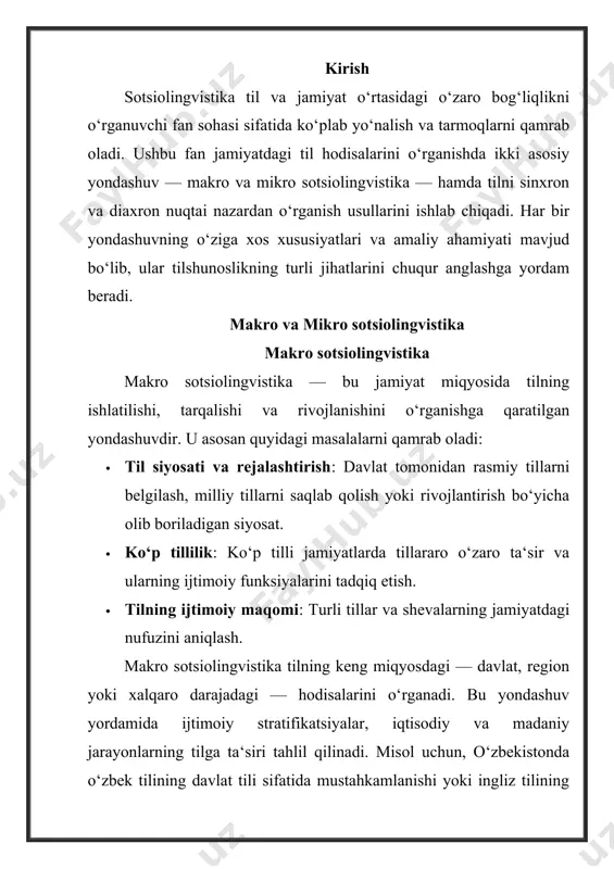 a oladi: · kod almashtirish va kod aralashtirish: bir nechta tildan foydalanadigan shaxslarning nutqidagi o‘zgarishlar. · nutq uslublari: turli kommunikativ vaziyatlarda shaxslarning nutq strategiyalari va leksik tanlovi. · til o‘rganish jarayoni: bilingvizm va ko‘p tillilikka ega bo‘lgan jamiyatlarda til o‘zlashtirish jarayonini tadqiq qilish. mikro sotsiolingvistika asosan til va kommunikatsiyaning mahalliy darajadagi — oilaviy, do‘stona yoki ishbilarmonlik munosabatlaridagi — jihatlarini o‘rganadi. masalan, shaxslararo muloqotda qanday uslub tanlanishi yoki shevaning qo‘llanilishidagi o‘ziga xosliklarni tahlil qilish mikro sotsiolingvistik tadqiqotlarning asosi hisoblanadi. sinxron va diaxron sotsiolingvistika sinxron sotsiolingvistika sinxron yondashuv tilning muayyan bir davrdagi holatini o‘rganishga qaratilgan. bu yondashuv orqali tilning zamonaviy jamiyatdagi funksiyalari, leksik va grammatik xususiyatlari tahlil qilinadi. asosiy yo‘nalishlari: · hozirgi davrdagi tilning ijtimoiy guruhlar o‘rtasidagi farqlari. · turli hududlarda bir tilning zamonaviy ko‘rinishlari (dialektlar). · internet va texnologiyalarning tilga ta‘siri. misol uchun, bugungi kunda ijtimoiy tarmoqlardagi qisqartirilgan iboralar, yangi paydo bo‘layotgan sleng va jargonni o‘rganish sinxron yondashuvga misol bo‘la oladi. …