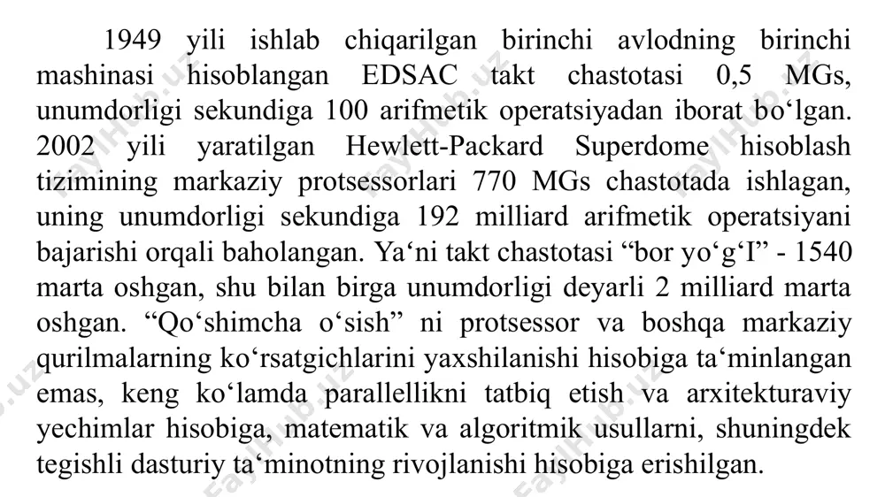 atgichi sifatida ishlatiladi, masalan, ofis va boshqa masalalarini hal qilish uchun shaxsiy kompyuterni bayon qilishda. takt chastotasi qancha yuqori bo‘lsa buyruqlar shuncha tez bajariladi, protsessor vaqt birligi ichida shuncha ko‘p buyruq bajaradi, uning unumdorligi shuncha yuqori bo‘ladi. ko‘p protsessorli tizimlarda tizimga kiruvchi alohida protsessorning qo‘shimcha ko‘rsatgichi sifatida ishlatiladi. takt chastotasini kompyuterning unumdorligi haqida real tasavvur hosil qilish uchun ishlatilishi ancha mushkul, chunki ancha qo‘shimcha ko‘pchilik omillarni bilish kerak bo‘ladi, masalan, bitta mashina buyrug‘iga to‘g‘ri keladigan taktlarni o‘rtacha sonini, konveyerning bosqichlar sonini, superskolyarli protsessordagi funksional bloklarning sonini, keshning barcha bosqichlar ko‘rsatgichini va hokazo. mips birligi. hisoblash tizimlarining quvvatini ancha aniq baholash uchun vaqt birligi ichida tizim tomonidan bajariladigan mashina buyruqlar sonini ko‘rsatishga asoslangan yo‘nalish ishlatiladi. qayd qilishimiz kerakki, bu ko‘rsatgichni ko‘p protsessorli mashinalarni unumdorligini baholash uchun ham ishlatish mumkin, agarda barcha tizim tomonidan bajariladigan buyruqlar sonini hisobga olinsa. hisoblash tizimlarining unumdorligini hisoblashdagi bu yondashishda baholash mips (million instructions per second – …