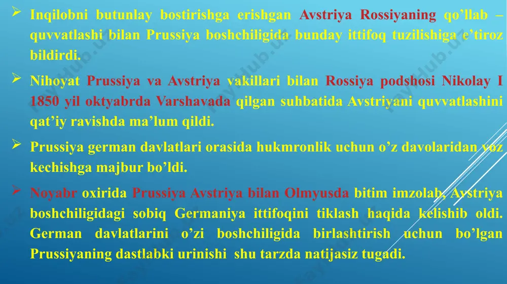 xalq ommasining knyazlik sulolalarining hukmronliklariga qarshi inqilobiy kurashi asosida birlashtirish bo’lsa, ikkinchisi germaniya davlatlarini avstriya yoki prussiya boshchiligida «yuqoridan» birlashtirish edi. keyingisi sulolalar va davlatlararo urushlar asosida ro’y berishi lozim edi. 1859 yilda halqaro siyosiy inqiroz yuz berdi. italiya shimolini gabsburglar hukmronligidan ozod etish uchun avstriyaga qarshi fransiya va pyemont urush boshladi. fransiya tomonidan reynning so’l qirg’oqlaridagi german yerlarini bosib olish xavfi tug’ildi. chunki napoleon iii mazkur hududni fransiyaning qonuniy mulki deb bilar edi. germaniyaning mustaqilligi va uni birlashtirish istiqbollari havf ostida qoldi. urush tez fursatda avstriyaning mag’lubiyati bilan nihoyasiga yetdi. bu esa mamlakatni prussiya gogensollernlari hukmronligi ostida birlashtirish tarafdorlari bo’lgan nemis liberallarini ruhlantirdi. 1859 yilning kuzida shimoliy german davlatlarining burjuaziyasi gannoverlik advokat bennisen boshchiligidagi «milliy ittifoq» deb atalgan siyosiy tashkilot tuzdilar. bu tashkilot german davlatlarini avstriyasiz prussiya hukmronligida birlashtirishga harakat qildi. bu german davlatlarini birlashtirishning «kichik germaniya» tuzish rejasi deb ataldi. «kichik germaniya» rejasi baden, vyurtemberg, bavariya kabi davlatlarda …