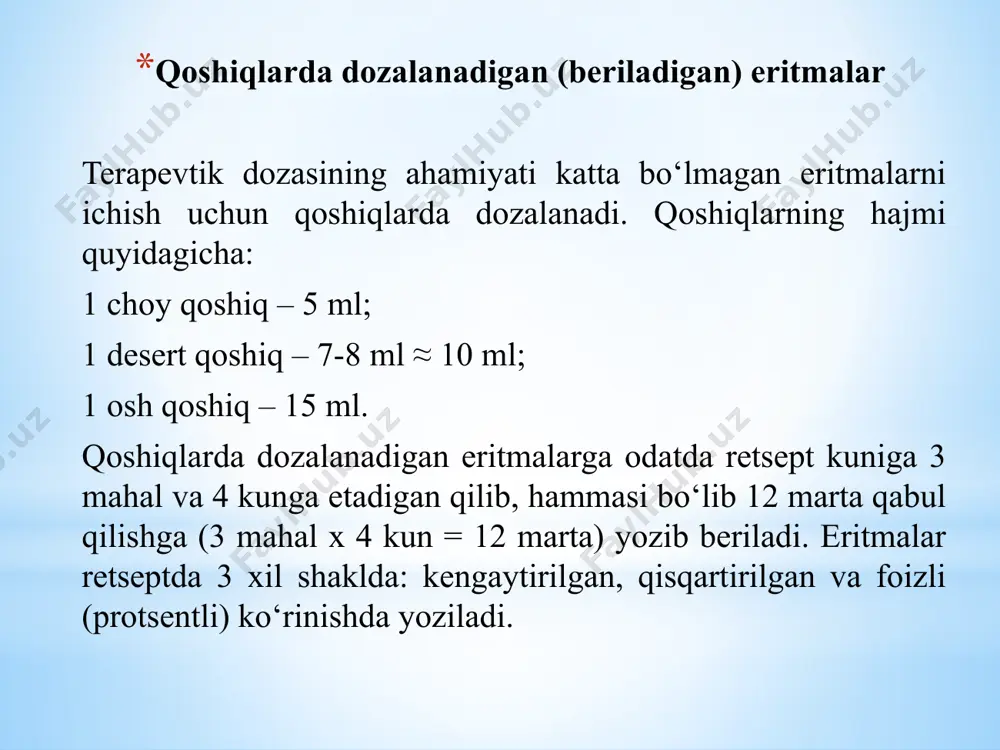 a o‘simlikning yumshoq qismlaridan: barglar (folia), gullar (flores), o‘tlar (herbae) dan, ayrim paytlarda esa qattiq qismidan tayyorlanadi. qaynatmalar odatda o‘simliklarning birmuncha dag‘al, qattiq qismlari (ildizlari – radix, po‘stlog‘i – cortex, ildizpoyasi – rizoma) dan, ba’zi hollarda esa yumshoq qismidan tayyorlanadi. damlamalar 15 daqiqa qaynatilib, batamom sovuganidan keyin filtrlanadi. qaynatmalar 20-30 daqiqa qaynatilib, qaynoq holida filtrlanadi (agar sovub qoladigan bo‘lsa liqildoqsimon (xolodessimon) massa hosil bo‘ladi). damlamalar va qaynatmalar tez buzilib qoladigan bo‘lgani uchun ular bevosita bemorga berishdan oldin ko‘pi bilan 3-4 kunga etadigan qilib, kerakli miqdorda dorixonalarning o‘zida tayyorlanadi va bunda albatta ularni o‘simlikning qaysi qismidan tayyorlash lozimligi to‘g‘risidagi ko‘rsatma ham berilishi kerak. ular ko‘pincha osh qoshiqlarda (ayrim paytlarda – desert va choy qoshiqlarda) ichish uchun buyuriladi. damlamalar va qaynatmalarni yozib berishning yagona (qisqartirilgan) shakli bor. emulsiyalar – bosh kelishik birlik sonda – emulsum, qaratqich kelishik birlik sonda – emulsi, qisqartirilgan holda – emuls. emulsiya – suvda erimaydigan suyuqliklarning (masalan, suyuq …