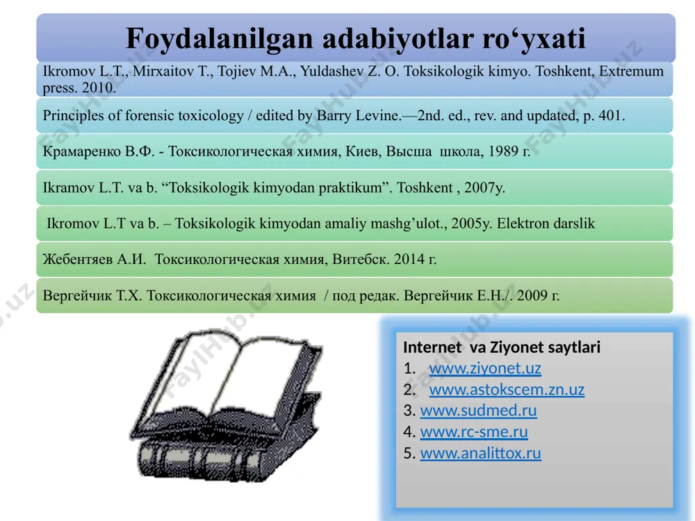 va benzoy aldegidiga parchalanadi. hcn tibbiyotda sof holda ishlatilmasa ham uning ba’zi bir birikmalari qo‘llaniladi. masalan: 0,1 % sianid kislotani saqlovchi achchiq bodom suvi – aqua amygdalarum amararum, simob (i)-sianid hydrargyrum suanatum va simob (ii)-sianid hydrargyrum oxusuanatum df preparatlaridan hisoblanadi. toksikologik ahamiyati. sianid kislotasi nafas yo‘li bilan va qisman teri orqali organizmga o‘tishi mumkin. sianidlar esa og‘iz orqali tushadi. sianid kislotasi hujayralarda temir moddasini saqlovchi nafas olishda qatnashuvchi sitoxromoksidaza fermentini faoliyatini ishdan chiqaradi va natijada kislorodni qondan to‘qimalarga o‘tish mexanizmi buziladi. qonda kislorod yetarli bo‘lishiga qaramasdan hujayralarda u yetishmaydi. 0,05-0,1 g dozadagi hcn odamni o‘ldiradi, kalsiy sianid uchun bu miqdor 0,15-0,25 g atrofidadir. farmakopeya preparatlaridan achchiq bodom suvi ham odamni o‘ldirishi mumkin. buning uchun 60-100 ml kifoyadir. achchiq bodom mag‘zining 40-60 donasi, bolalar uchun esa 10-12 donasi xuddi shunday ta’sir ko‘rsatadi. hcn va uning hosilalari odamlarga juda tez ta’sir etganligi uchun undan zaharlanganlarning deyarli ko‘pchiligi o‘ladi. organizmning hcn hosilalari bilan …
