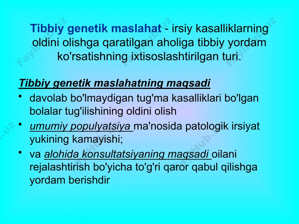 motlari umumiy aholi yuqori xavf omillarini aniqlash umumiy kasalliklarning oldini olish, erta tashxislash va davolash elakdan o'tkazish laboratoriyasiga usullar homilador ayolning qon zardobida moddalarning sarum belgilari deb ataladigan moddalarni aniqlashni o'z ichiga oladi  fetoprotein - homilaning jigari tomonidan prenatal davrda ishlab chiqarilgan protein, homiladorlik paytida uning tarkibi o'zgaradi;  inson xorionik gonadotropini ,  bog'lanmagan estriol va boshqa ba'zi moddalar homiladorlik davrida tavsiya etilgan usullar va testlar homiladorlik (haftalar) usullar va testlar birinchi tashrif (imkon qadar erta) qonning gemoglobin miqdori va gematokritini aniqlash. siydikni tahlil qilish, siydik yo'llari infektsiyalari uchun skrining. rh-salbiy ayollarda qon guruhini va rh-fenotipini, anti-hbs antikor titrini aniqlash. qizilchaga qarshi antikor titri vasserman testi bachadon bo'yni smearining sitologiyasi qonda hbs antigenini aniqlash 8-18 homila va platsentaning ultratovush tekshiruvi, agar ko'rsatilsa, amniyosentez yoki xorion biopsiya. 16-18 qonda  -fetoprotein, shuningdek, xorion-gonadotropin va erkin estriol darajasi 26-28 qandli diabet uchun skrining, gemoglobin va qon gematokritini takroran aniqlash, oqsil, …