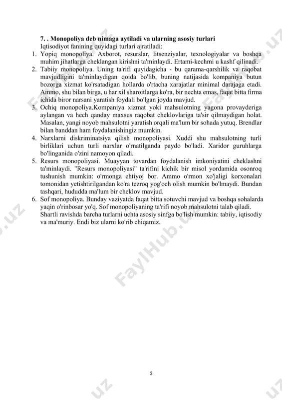 opoliya deb nimaga aytiladi va ularning asosiy turlari iqtisodiyot fanining quyidagi turlari ajratiladi: 1. yopiq monopoliya. axborot, resurslar, litsenziyalar, texnologiyalar va boshqa muhim jihatlarga cheklangan kirishni ta'minlaydi. ertami-kechmi u kashf qilinadi. 2. tabiiy monopoliya. uning ta'rifi quyidagicha - bu qarama-qarshilik va raqobat mavjudligini ta'minlaydigan qoida bo'lib, buning natijasida kompaniya butun bozorga xizmat ko'rsatadigan hollarda o'rtacha xarajatlar minimal darajaga etadi. ammo, shu bilan birga, u har xil sharoitlarga ko'ra, bir nechta emas, faqat bitta firma ichida biror narsani yaratish foydali bo'lgan joyda mavjud. 3. ochiq monopoliya.kompaniya xizmat yoki mahsulotning yagona provayderiga aylangan va hech qanday maxsus raqobat cheklovlariga ta'sir qilmaydigan holat. masalan, yangi noyob mahsulotni yaratish orqali ma'lum bir sohada yutuq. brendlar bilan banddan ham foydalanishingiz mumkin. 4. narxlarni diskriminatsiya qilish monopoliyasi. xuddi shu mahsulotning turli birliklari uchun turli narxlar o'rnatilganda paydo bo'ladi. xaridor guruhlarga bo'linganida o'zini namoyon qiladi. 5. resurs monopoliyasi. muayyan tovardan foydalanish imkoniyatini cheklashni ta'minlaydi. "resurs monopoliyasi" ta'rifini …