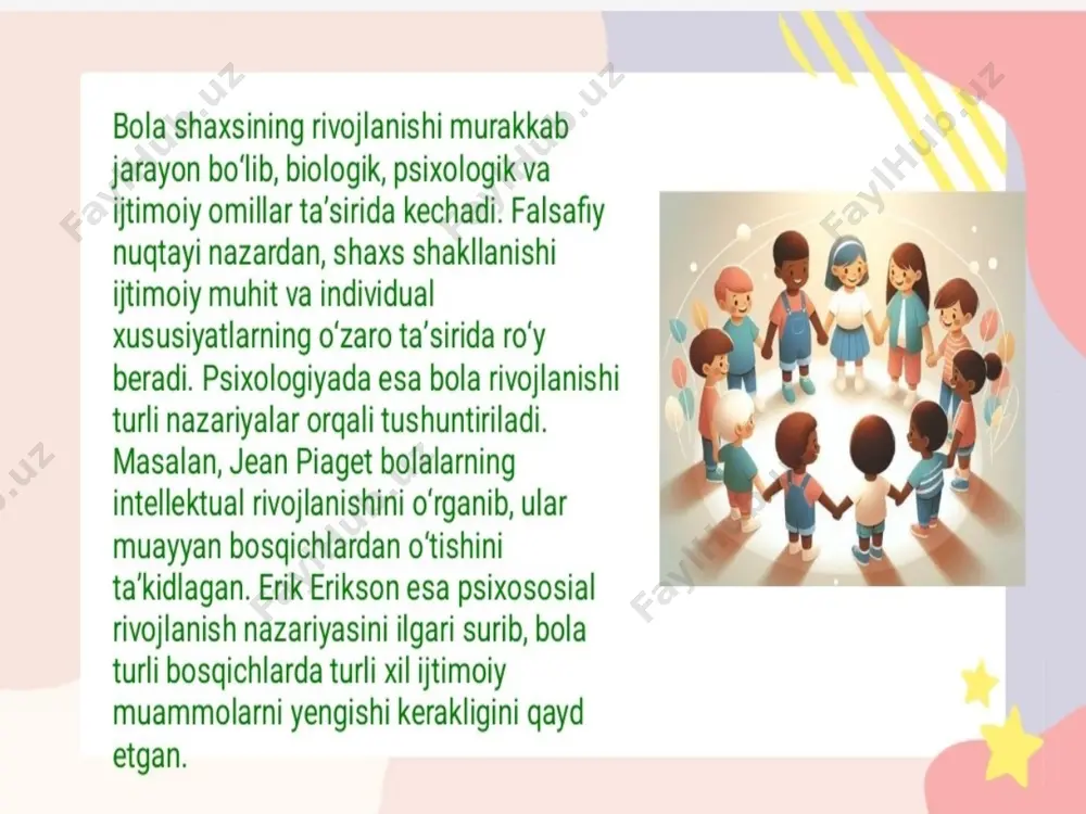 liyat, talant va boshqalar ota-onadan oʻtadi bunda tarbiya va muhtning oʻrni yoʻq deya taʼrif beradi. irsiyat biologik yoʻnalish tarafdorlari odam bolasining shaxs boʻlib rivojlanishida irsiy omillar hal qiluvchi omil deya taʼriflaydi. gʻarb olimlarining fikricha bola dunyoga kelib faqat ota-onadan oʻtgan beligilar bilan rivojlanib boradi deb aytadi. ular tarbiya va muhitning roʻlini tamomila cheklab shaxs rivojlanishida irsiyatni birinchi darajaga koʻtaradi.gʻarb olimlaridan yana biri bu v. pterndir u "yangi tugʻilgan bolani odam emas sut emizuvchi deya taʼriflaydi" bola dunyoga kelgandan huddi hayvon kabi boʻladi u irsiyati orqali yaʼni ota - onasidan oʻtgan belgilar bilan rivojlanib boyib boradi va vaqatlar oʻtib shaxs boʻlib kamolga yetishini aytadi.byullar bola faqat qobiliyatlarni ota - onadanmas ahloqiy normalar ham irsiyat orqali oʻtishini aytadi. irsiy kasalliklar irsiy kaslaliklar bolaga ota-ona tomonidan oʻtganda ular umrining oxirigacha saqlanib qolib ketishi mumkin bu ham bolaning rivojlanishi uchun toʻsiqdir. meditsina ham shuni aniqlaydi-ki irsiy kasalliklar davolanishi qiyin yoki ummuman davosiz umrbod saqlanib …
