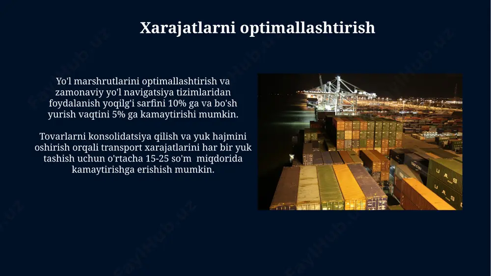 blockchain texnologiyasi yuklarni kuzatish zanjiri shaffofligini oshirib, firibgarlik va buzilishlarni 5-10% ga kamaytiradi va hujjatlarni qayta ishlashni tezlashtiradi. optimallashtirilgan marshrutlarni yaratish gps monitoring va real vaqt rejimida trafik holatini kuzatish orqali, kechikishlarni 5% ga kamaytirish va yetkazib berish samaradorligini 8% ga oshirish mumkin. optimallashtirilgan marshrutlarni yaratishda, yo'lning uzunligini 15% gacha qisqartirish, yoqilg'i sarfini 10% ga kamaytirish va yetkazib berish vaqtiga 20 minutgacha tejash mumkin. e'tiboringiz uchun rahmat @taqdimot_robot image5.jpg image6.jpg image7.jpg image8.jpg image9.jpg image10.jpg image11.jpg image12.jpg image13.jpg image14.jpg image15.jpg image16.jpg image1.jpg