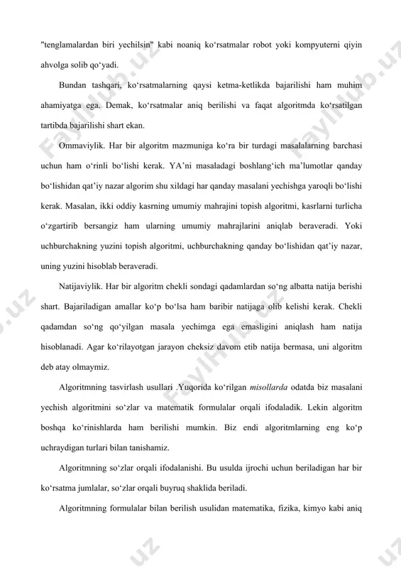 muloqotini qulayroq amalga oshirish uchun mo‘ljallangan. blok-sxemalarni tuzishda foydalaniladigan asosiy sodda geometrik figuralar quyidagilardan iborat: ^mi bеlgilаnishi bаjаrаdigаn yаzifаsi jarayon bir yoki bir nechta amallarni bajarilishi natijasida ma,lumotlarning uzgarishi karor o biror shartga boglik ravishda algoritmning bajarilish yunalishini tanlash shakl uzgartirish dasturni uzgartiruvchi buyruk yoki buyruklar turkumini uzgartirish amalini bajarish аvval aniklangan jarayon оldindan ishlab chikilgan dastur yoki algoritmdan foydalanish kiritish chikarish / / ахborotlarni kayta ishlash mumkin bulgan shaklga utkazish yoki olingan natijani tasvirlash displey 0 · x agar x max, ya’ni 5>3 ni tekshiramiz, shart bajarilsa, max=5 bo‘ladi. i max, ya’ni 1>5, ni tekshiramiz. shart bajarilmadi, demak, keyingi i<n shartni, ya’ni 3<3 ni tekshiramiz. shart bajarilmadi. demak max=5 chop etiladi. biz blok-sxemani tahlil qilish davomida uning to‘g‘riligiga ishonch hosil qildik. endi ixtiyoriy n lar uchun bu blok-sxema bo‘yicha eng katta elementni topish mumkin. � d = b2 - lac 1- misol: y = < 10-rasm. ichma-ich joylashgan siklik …