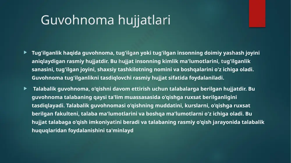 h buyruqlari va boshqalar kiradi shaxsiy hujjat – yakka shaxs tomonidanyoziladigan, ularning xizmat faoliyatlaridantashqaridagi yoki jamoat ishlarini bajarish bilan bog‘liq masalalarga tegishli bo‘ladiganhujjatlardir. bularga shaxsiy ariza, shikoyat va boshqalar kiradi hujjat qat’iy belgilangan rekvizitlar tarkibigaega bo‘lishi, ularning joylashish varasmiylashtirish tartiblari 6,38-90 gost gamuvofiq kelishi kerak. hujjatlarni tayyorlash borasida bugungi kunda shakllangan umumiyqoidalarga ko‘ra, boshqaruv hujjatlari zaruriyqismlar (rekvizitlar)ning belgilanganmajmuiga va ularning barqarorlashgan joylashish tartibiga ega. tashkiliy-farmoyishhujjatlari zaruriy qismlarining to‘liq, ro‘yxatiquyidagicha: albatta, hujjatning har bir turi mazkur zaruriyqismlarning barchasini o‘z ichiga olmaydi.hujjatning muayyan turiga muvofiq ravishda buqismlarning ayrim bir turkumi huquqiytalablarnita’minlash darajasida qo‘llanadi. shu narsa hammuhimki, ayni qismlarning hujjatda joylashishidaqat’iy tartib mavjud, ular joylashishidagi qat’iyketma-ketlik hujjatning huquqiy kuchinita’minlash, hujjatni zudlik bilan ishlash, bajarish undan osonlik bilan foydalanish uchun muhimdir. mazkur 29 ta zaruriy qismning o‘ntasinisbatan ko‘p qo‘llanadi, shuning uchun ularasosiy zaruriy qismlar deb ham yuritiladi:hujjat muallifi (muassasa nomi yoki shaxsiyhujjatda imzo quyuvchi shaxs), hujjat turiningnomi, sarlavha, hujjatni oluvchi (adresat),kelishuv va rozilik belgilari, …
