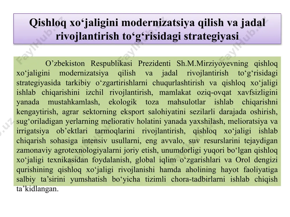 joylashgan allyuvial tekisliklarda tarqalgan. orol dengizi havzasida tarqalgan sho‘rlangan tuproqlar ko‘proq cl- , so4 2- , co3 2- , hco3 - anionlar va сa2+, mg2+, na+ kationlarning o‘zaro ekvivalent miqdorda reaksiyaga kirishi natijasida hosil bo‘lgan tuzlar asosida shakllangan. tuproqlarning sho’rlanish sabablari bu tuzlarning o‘simlikka zararli ta’siri ularning suvda eruvchanlik darajasiga bog‘liq. shuni nazarda tutgan holda eng zararli tuzlarga nacl (osh tuzi), cacl2 (xlorli kalsiy) va mgcl2 (xlorli magniy) kiritilgan. kam zararli tuzlarga mgso4 (taxir tuz), caso4*2h2o (gips) mansubdir. tabiiy sharoitda tog‘ jinsining parchalanishi natijasida har xil kattalikdagi zarrachalar hosil bo‘ladi. asosiy omillar va sharoitlarning o‘zaro chambarchas bog‘liq bo‘lgan va muntazam ta’siri natijasida hosil bo‘lgan tuproqda o‘ziga xos fizik va fizik-mexanik xususiyatlar shakllanadi. inson mehnati va fan-texnika taraqqiyoti ta’sirida tuproq hosil bo‘lish jarayoni, uning xususiyatlari shakllanishi ma’lum darajada o‘zgaradi, tuproq madaniylashadi, yashirin va samarador unumdorlik ortadi. respublikaning sug’oriladigan dehqoncnilik mintaqasida sho’rlangan tuproqlar paydo bo’lishida tabiiy va antropogen omillarning ishtiroki 1. tuproq …