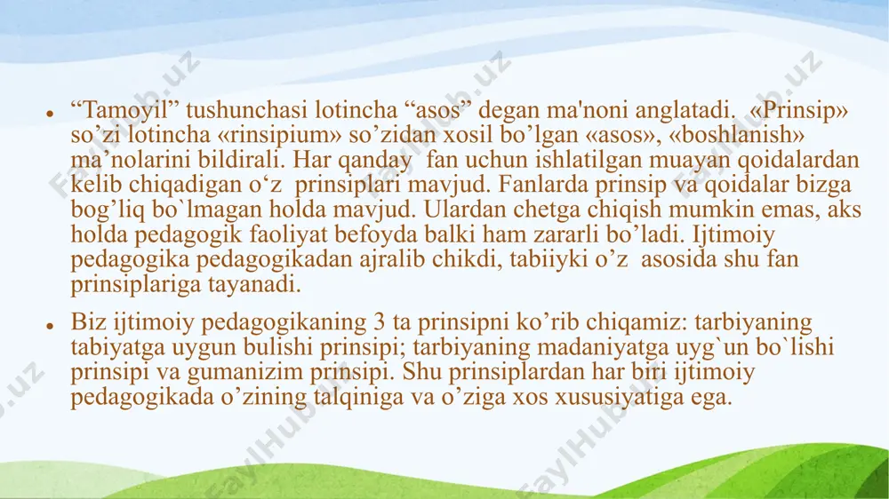 asarlarida yaqqol ifodasini topgan, ma’rifatparvarlik davri (xviii asr)dan boshlab u turli davlatlar pedagoglari ishlarida_keng tarqalmoqda. bu g’oya xviii asrda fransuz mutafakkiri jan jak russo va l.tolstoyning erkin tarbiya nazariyalarida; xx asrda gumanistik psixologiyada va gumanistik pedagogikada o’z aksini topgan. j. piaje, k.rodjers, v.suxomlinskiy kabi olimlarning fikricha, insonning mohiyati faqatgina biologik va ijtimoiy jihatlardan iborat emas. u ma’naviy munosabatlar bilan to’la. gumanistik tarbiyaning ideali ham tomonlama rivojlangan shaxsdir. ijtimoiy pedagogning vazifasi faqatgina bolalarni sevish emas, ularga ota-onalari, aka-ukalari, opa-singillari, do’stlari va atrofdagi insonlarni sevishni o’rgatishdan iboratdir. insonparvarlik g’oyasi ijtimoiy pedagog uchun juda muhim, ayniqsa, rivojlanishida cheklanishlar paydo bo’lgan bolalar uchun bu tamoyil muhim ahamiyatga ega. insonparvarlik tamoyiliga ko’ra:qanday sharoitda yashashidan qat’iy nazar jamiyatdagi barcha insonlarga hurmat bilan munosabatda bo’lish; “mening o’zim hal qilaman” pozitsiyasini tanlashga, o’z muammolarini o’zi hal etishga o’rgatish va yordam berish; bolalarga yordam berishni ularga ayanch hissi bilan emas, balki ularning jamiyatga kirishishiga yordam berish asosida bildirish talab …