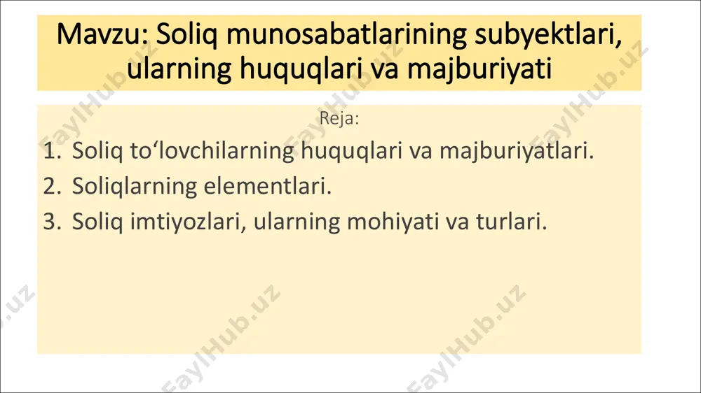 vchi va ularning tarkibiga kiruvchi yuridik shaxslar. 1 5 6 72 3 4 soliq to‘lovchilarning huquqlari. o’zbekiston respublikasining amaldagi soliq kodeksining 3- bobida soliq munosabatlari sub’ektlarining huquq va majburiyatlari keltirilgan bo’lib, unda soliq to’lovchilarning huquq va majburiyatlari hamda ularning amal qilish holati batafsil yoritilgan. jumladan, amaldagi soliq kodeksining 31-moddasiga muvofiq soliq to’lovchilar quyidagi huquqlarga ega: ø davlat soliq xizmati organlari va boshqa vakolatli organlardanamaldagi soliqlar, boshqa majburiy to’lovlar, soliq to’g’risidagi qonun hujjatlaridagi o’zgarishlar haqida axborot olish; ø o’z soliq majburiyatlarini bajarish yuzasidan davlat soliq xizmati organlari hamda boshqa vakolatli organlardagi mavjud ma’lumotlarni olish; ø soliq munosabatlari masalalari yuzasidan o’z manfaatlarini shaxsan yoki o’z vakili orqali ifoda etish; ø o’zbekiston respublikasi soliq kodeksida, boshqa qonunlar va o’zbekiston respublikasi prezidentining qarorlarida belgilab qo’yilgan asoslar mavjud bo’lgan taqdirda hamda tartibda soliqlar va boshqa majburiy to’lovlar bo’yicha imtiyozlardan foydalanish; ø soliqlar, boshqa majburiy to’lovlar, penya va jarimalarning ortiqcha to’langan yoki undirilgan summalarini hisobga olish …
