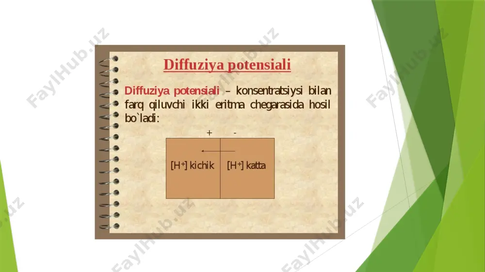 paydo bo‘ladi. ta’sir toklarining paydo bo‘lishini hujayra membranalarining o‘tkazuvchanligi turli ionlar turlicha ekanligi natijasi deb qaraydigan nazariya bor. shuning natijadida membrananing ikkala tomonida ionlar konsentratsiyasi bir xil bo‘lmaydi. qo‘zg‘alish vaqtida (mushaklarning qisqarishi va boshqalar) membranalarning tanlab o‘tkazuvchanligi yo‘qoladi va ular orqali ionlar oqimi o‘tib, elektr toki yuzaga keladi. 1944 yilda rus olimlari d. n. nasonov bilan v. ya. aleksandrov bioelektrik potensiallar paydo bo‘lish nazariyasini yaratdilar. ular tinchlikda hujayra ichidagi elektrolitlar oqsillar bilan tanlanib birikadi, natijada protoplazma bilan elektrolitning suvdagi eritmasi o‘rtasida potensiallar farqi (tinchlik potensiali) paydo bo‘ladi deb hisoblaydilar. hujayra qo‘zgalganda yoki zararlanganda protoplazma oqsillarining fazali xossalari o‘zgaradi, ionlarning taqsimlanishi boshqacha bo‘ladi va shunga yarasha potensial ham o‘zgaradi (ta’sir yoki zararlanish potensiali paydo bo‘ladi). biroq, bu nazariyaning ko‘p kamchiliklari bor, jumladan bu nazariya hujayra satxidagi membrana potensialini hisobga olmay, qo‘zg‘alish va zararlanish ta’siri mexanizmini bir xil deb qaraydi va hokazo biopotensial va biotoklar paydo bo‘lishining boshqa nazariyalari ham bor. bu …