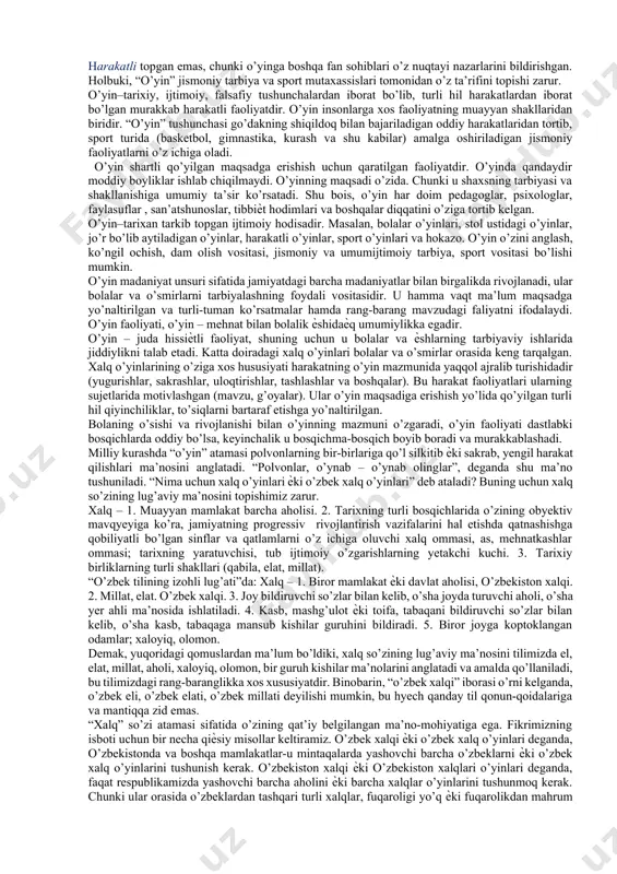 “o’zbek tilining izohli luhati”dan topamiz. “o’yin. 1. ko’ngil ochish, dam olish maqsadida qilinadigan erkin harkat ѐki mashg’ulot. bolalar o’yini. loy o’yini, ermak uchun loydan turli narsalar yasash. 2. boshqalar bilan musobaqa qilish uchun ma’lum qoidalar asosida o’tkaziladigan mashg’ulot va shu kabilar. yuqoridagi manbalarda “o’yin” haqida qanchalik ta’rif, izoh berilmasin, “o’yin”ning ma’nan mohiyati to’laqonli o’zining in’ikosini harakatli topgan emas, chunki o’yinga boshqa fan sohiblari o’z nuqtayi nazarlarini bildirishgan. holbuki, “o’yin” jismoniy tarbiya va sport mutaxassislari tomonidan o’z ta’rifini topishi zarur. o’yin–tarixiy, ijtimoiy, falsafiy tushunchalardan iborat bo’lib, turli hil harakatlardan iborat bo’lgan murakkab harakatli faoliyatdir. o’yin insonlarga xos faoliyatning muayyan shakllaridan biridir. “o’yin” tushunchasi go’dakning shiqildoq bilan bajariladigan oddiy harakatlaridan tortib, sport turida (basketbol, gimnastika, kurash va shu kabilar) amalga oshiriladigan jismoniy faoliyatlarni o’z ichiga oladi. o’yin shartli qo’yilgan maqsadga erishish uchun qaratilgan faoliyatdir. o’yinda qandaydir moddiy boyliklar ishlab chiqilmaydi. o’yinning maqsadi o’zida. chunki u shaxsning tarbiyasi va shakllanishiga umumiy ta’sir ko’rsatadi. …