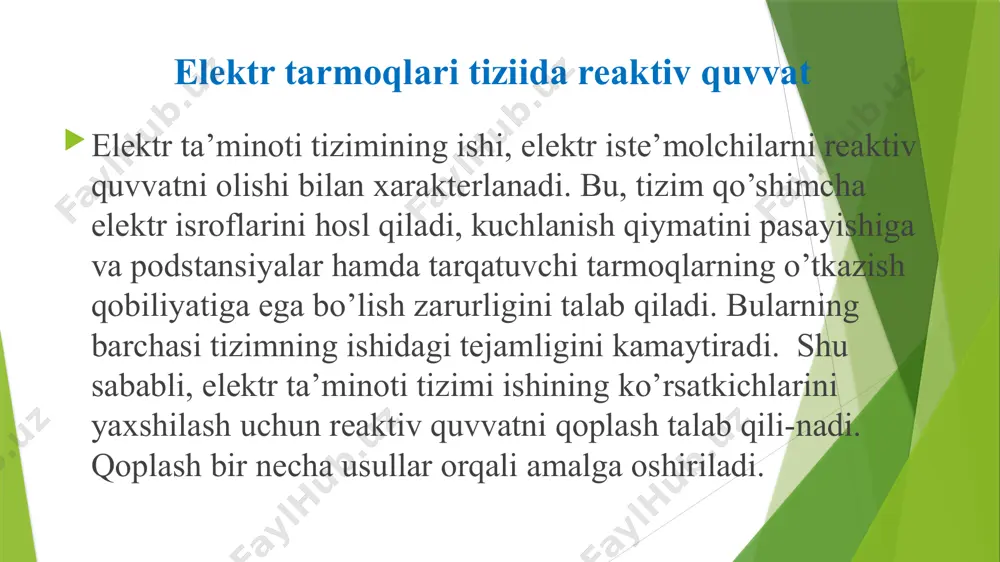 qo’zg’atish toklar tomoniga siljiydi. agar sd valdagi o’zgaruvchan quvvat bilan ishlayotgan bo’lsa, unda uning qoplash xossasidan to’la foydalanish uchun, qo’zatish tokini rostlash talab qilinadi. sinxron motor – reaktiv quvvat kompensatori. sd ni reaktiv quvvat manbasi sifatida qo’llash orttirilgan qo’zatish tokini ta’minlash va sd ning gabariti va (to’la) quvvatni ko’paytirishni talab qiladi, ammo bu sd dan shunday manbai sifatida foydalanish uchun chegaralovchi omil bo’la olmaydi. buni quyidagi uncha murakkab bo’lmagan hisoblardan ham ko’rish mumkin. masalan, reaktiv quvvat aktiv quvvatning 40% ni tashkil etsin, ya’ni q/r = 0,4. bunda s/r nisbat 1,08 ni tashkil etadi, ya’ni ko’rsatilgan reaktiv quvvatni generatsiya qilish to’la quvvatining faqat 8% ga orttirishga olib keladi. bu sd ni reaktiv quvvatni qoplash uchun ishlatish foydali ekanligini ko’rsatadi sd ni elektr tarmoidagi reaktiv quvvatni qoplash uchun ishlatish, odatda, bir nechta masalalarni kompleks xolda ko’rib chiqishni talab qiladi. asosiy masalalardan biri, ushbu usuldan foydalanishni texnikaviy-iqtisodiy asoslashdir. ma’lumki, sd dan tashqari bu …