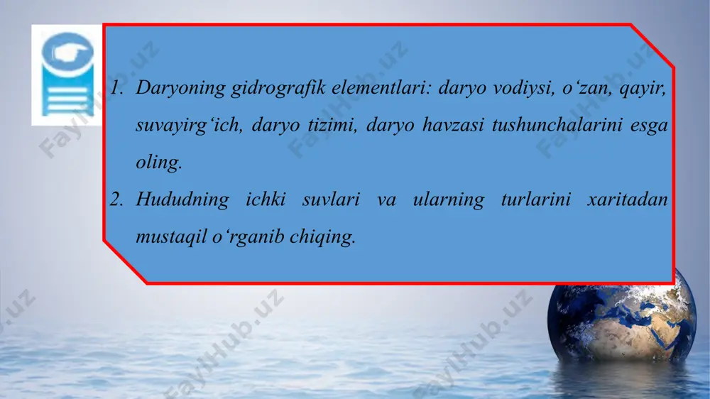 zoq davom etadigan va yoz salqin keladigan o‘rta va baland qismlarida katta qor dalalari va yirik muzliklar vujudga kelgan, chuqur soyliklarda tog‘ ko‘llari paydo bo‘lgan. find more powerpoint templates on prezentr.com! suv juda nishab tog‘ yonbag‘irlaridan oqib tushib, atrofdagi tekisliklardan o‘tadigan katta va kichik daryolarni hosil qilgan. shuning uchun ham tog‘larda daryolar ko‘p va ularning suv to‘playdigan havzalari ham katta. find more powerpoint templates on prezentr.com! binobarin, o‘rta osiyoning tekislik qismlarida oqadigan katta va kichik daryolar, kanallar, anhorlarning suvlari, ko‘llar, suv omborlaridagi juda katta suv zaxiralarining asosiy manbayi o‘lkani sharq va janubdan o‘rab turgan baland tog‘lardir find more powerpoint templates on prezentr.com! find more powerpoint templates on prezentr.com! shu sababli, tog‘lar yog‘in suvi to‘planadigan asosiy joy bo‘lib, tekisliklar esa ana shu suvni sarf qiladigan va bug‘latadigan yerlardir. bu o‘rta osiyo hududining eng muhim gidrologik xususiyati hisoblanadi. find more powerpoint templates on prezentr.com!