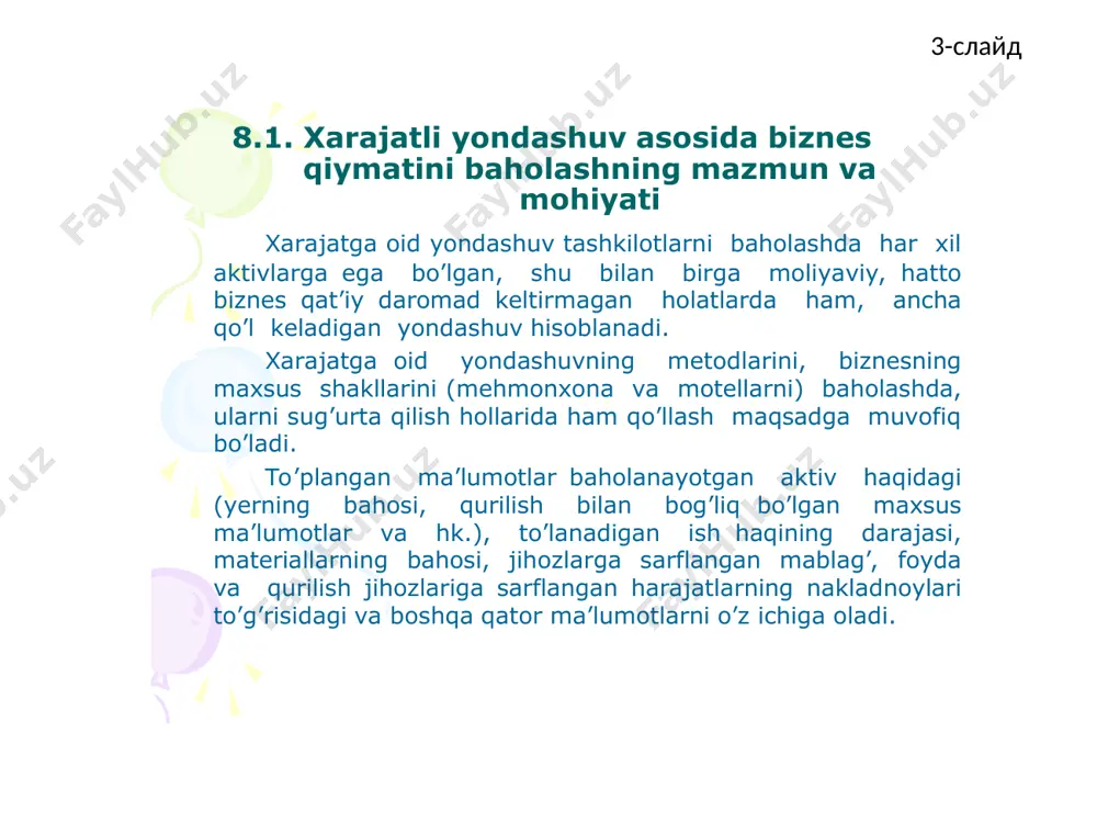 ; •sug’urtamaqsadlarida.buyеrdamazkur yondashuvgaafzalliksug’urtasummasi, sug’urtavznosisummasivasug’urta joylashuvisug’urtaqiluvchiningxarajatlari asosidabеriladi; /docprops/thumbnail.jpeg слайд 6 ortiqcha yеr maydonidan imkon qadar samarali foydalanish eng yaxshi tahlilda; agar tashkilot rеmont yoki qayta rеkonstuktsiyaga talabgor bo’lganda uni xarajatga asosan baholashda; mazkur ob’еktni rеkonstuktsiya qilish yoki yangi qurishda invеstitsion loyihalarda; soliqqa tortish maqsadida; bankdan krеdit olish maqsadidа •ortiqchayеrmaydonidanimkonqadarsamaralifoydalanishengyaxshitahlilda; •agartashkilotrеmontyokiqayta rеkonstuktsiyaga talabgorbo’lgandaunixarajatgaasosanbaholashda; •mazkurob’еktnirеkonstuktsiyaqilish yokiyangiqurishdainvеstitsionloyihalarda; •soliqqatortishmaqsadida; •bankdankrеditolishmaqsadidа /docprops/thumbnail.jpeg слайд 7 tashkilotni xarajat bo’yicha ko’rsatkich asosida baholashga uning quyidagi mеtodlari kiritiladi: aktivlar to’plami (aktivlarni balans qiymati bo’yicha hisoblash mеtodi); to’liq qayta taklash hisoblari; almashtirish o`iymati hisoblari; likvidatsion qiymat hisoblari; sof aktivlar ko’rsatkichi hisoblari. tashkilotnixarajatbo’yichako’rsatkichasosidabaholashgauningquyidagimеtodlarikiritiladi: •aktivlarto’plami(aktivlarni balansqiymatibo’yichahisoblashmеtodi); •to’liqqaytataklashhisoblari;•almashtirisho`iymatihisoblari;•likvidatsionqiymathisoblari;•sofaktivlarko’rsatkichihisoblari. /docprops/thumbnail.jpeg xarajatli yondashuv usullarining (sog aktivlar qiymati hamda tugatish qiymati) o`ziga xos xususiyatlari. 8.2. xarajatli yondashuv usullarining (sog aktivlar qiymati hamda tugatish qiymati) o`ziga xos xususiyatlari. biznes qiymatini baholashning xarajatli yondashuvida quyidagi 2 usul amaliyotda kengroq qo`llaniladi. xarajatga asoslangan yondashuv sof aktivlar qiymati usuli tugatish qiymati usuli 1-rasm. xarajatli yondashuv usullari 8.2. xarajatli yondashuv usullarining (sog …