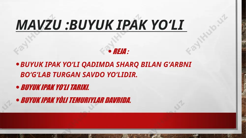 diyona va baqtriya davlatlaridan aqiq toshlari olib ketilar edi, xorazmdan esa feruza keltirilgan. bu yoʻnalishlarning barchasi oxir-oqibat buyuk ipak yoʻliga kirib mujassamlashgan. markaziy osiyodan gʻarbga va janubga oʻtkazilgan karvon yoʻllarini hamda xitoydan sharqiy turkistonga olib boradigan yoʻllarni oʻzaro bogʻlab bergan buyuk yoʻlning haqiqiy boshlanishini tarixchilar eramizdan avvalgi ikkinchi asrning oʻrtalarida, deb hisoblaydilar, oʻsha davrda xitoyliklar uchun ilk bora gʻarb oʻlkalari — markaziy osiyo davlatlari kashf etilgan edi. buyuk ipak yo’li tarixi bu yo‘l miloddan avvalgi ii asrda vujudga kelib, xvi asrga qadar faoliyat yuritgan. buyuk ipak yo‘li degan nomni esa 1877 yilda shu yo‘l orqali rivojlangan savdoda har xil matolar, buyumlar va mahsulotlar orasida ipak eng muhim ahamiyatga ega bo‘lgani uchun nemis tarixchisi k.rixthofen bergan. buyuk ipak yo‘li 12 ming chaqirimgacha uzunlikda bo‘lib, bu yo‘l orqali ko‘plab sharq davlatlari bilan har tomonlama aloqalar o‘rnatilgan. buyuk ipak yo’li tarixi buyuk ipak yo‘li sariq dengizi sohillaridan boshlanib, sharqiy turkiston, o‘rta osiyo, eron, …