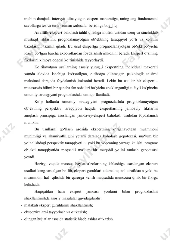 ullari orasida nisbatan ko‘p ishlab chiqilgan usullardan hisoblanadi. bu usullar yordamida katta sistemalarning parametrlari, iqtisodiy, ilmiy va ishlab chiqarish potensialining miqdoriy tavsiflari, ilmiy-texnik taraqiyotning natijaviyligi to‘g‗risidagi ma‘lumotlar, sistemalar ichidagi va boshqa shunga o‘xshash tavsiflarning nisbatlari ekstrapolyatsiya qilinadi. ekstrapolyatsiya usulining maqsadi quyidagicha hisoblanadi: prognozlash ob‘ektini xarakterlovchi o‘tgan davrga nisbati, tadbiq qilish qonuniyatlari aniqlanadi va mos xolda bu ma‘lumotlarning o‘sish potensiallari to‘grisidagi statistiq ma‘lumotlarni tahlil qilish, so‘ngra tashqi muxitda emperik yoki dinamik qatorda bo‘lgan prognozlovchi kattaliklarning qiymatlari aniqlanadi. ekstrapolyatsiya usuli vaqt qatorlaridagi boglanish ko‘prok, ya‘ni ekstrapolyatsiya qilishning tarqalgan soxalari aniqlangan hollarda qo‘llaniladi. birlamchi tahlil o‘tkazishdan so‘ng to‘gri ekstrapolyatsiya jarayoniga o‘tkazamiz. egri chiziqli shakli va uning parametr qiymatlarini bilgan xolda, emperik ma‘lumotlar tashqarisida ya‘ni, kelajak davriga to‘gri keluvchi argument(vaqt)qiymatini aniqlab, konkret vaqtda prognozlash qiymatiga qabul qiluvchi funksiyaning mos keluvchi qiymati aniqlanadi. berilgan prognozlash usuli, odatda, egri chiziqli shaklini to‘gri aniqlanganda, qonuniyatlarni to‘gri aks ettiruvchi emperik ma‘lumotlarning o‘zgarishi to‘grisida juda yaxshi natijalar beradi. dinamik …