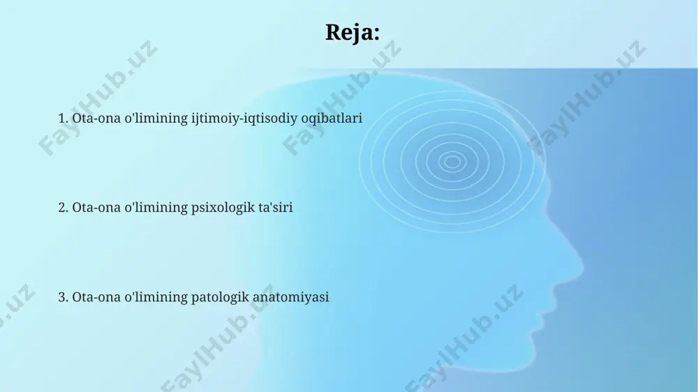 fikrlari ota-onalarining o'limidan keyin kuzatiladigan 5 ta asosiy psixologik oqibatlardandir. ota-onalarning o'limi 15-25 yosh oralig'ida bo'lgan yoshlar uchun o'ta og'ir psixologik ta'sirga ega bo'lib, ularning shaxsiy rivojlanishiga va kelajakka bo'lgan munosabatlariga salbiy ta'sir qiladi. depressiya, tashvish va ptsd kabi ruhiy kasalliklar xavfi ota-onalarining o'limidan keyin 2-3 baravar ortadi, bu esa professional yordamga muhtojlikni oshiradi. travma va o'lim o'limdan keyingi tekshiruvlarda 20-50% hollarda otopsiyada aniqlanmagan yashirin kasalliklar yoki patologiyalar aniqlanadi, bu esa o'lim sababini aniqlashda qiyinchiliklar tug'dirishi mumkin. o'limga olib kelgan travmalarning 70% dan ortig'i avtohalokatlar, yiqilishlar va zo'ravonlik bilan bog'liq bo'lib, ular ko'pincha bosh miya shikastlanishiga olib keladi. bolalar o'limi sabablarining 30% ga yaqini og'irlashgan infektsion kasalliklardan kelib chiqadi va bu ko'pincha immunitet tizimi zaiflashgan bolalarda kuzatiladi. nafas olish tizimi kasalliklari va o'lim nafas olish tizimining tug'ma nuqsonlari, masalan, traxeya atreziyasi yoki diafragma herniyasi, chaqaloqlarda yuqori o'lim darajalariga (taxminan 5-10%) olib kelishi mumkin, bu esa tezkor tibbiy yordam talab qiladi. …