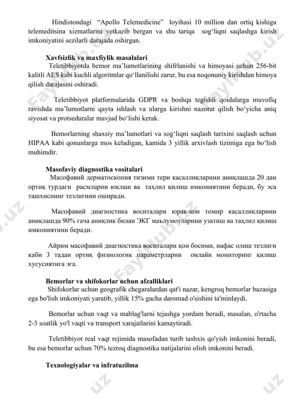 uchli algoritmlar qo‘llanilishi zarur, bu esa noqonuniy kirishdan himoya qilish darajasini oshiradi. teletibbiyot platformalarida gdpr va boshqa tegishli qoidalarga muvofiq ravishda ma’lumotlarni qayta ishlash va ularga kirishni nazorat qilish bo‘yicha aniq siyosat va protseduralar mavjud bo‘lishi kerak. bemorlarning shaxsiy ma’lumotlari va sog‘liqni saqlash tarixini saqlash uchun hipaa kabi qonunlarga mos keladigan, kamida 3 yillik arxivlash tizimiga ega bo‘lish muhimdir. masofaviy diagnostika vositalari масофавий дерматоскопия тизими тери касалликларини аниқлашда 20 дан ортиқ турдаги расмларни юклаш ва таҳлил қилиш имкониятини беради, бу эса ташхиснинг тезлигини оширади. масофавий диагностика воситалари юрак-қон томир касалликларини аниқлашда 90% гача аниқлик билан экг маълумотларини узатиш ва таҳлил қилиш имкониятини беради. айрим масофавий диагностика воситалари қон босими, нафас олиш тезлиги каби 3 тадан ортиқ физиологик параметрларни онлайн мониторинг қилиш хусусиятига эга. bemorlar va shifokorlar uchun afzalliklari shifokorlar uchun geografik chegaralardan qat'i nazar, kengroq bemorlar bazasiga ega bo'lish imkoniyati yaratib, yillik 15% gacha daromad o'sishini ta'minlaydi. bemorlar uchun vaqt …