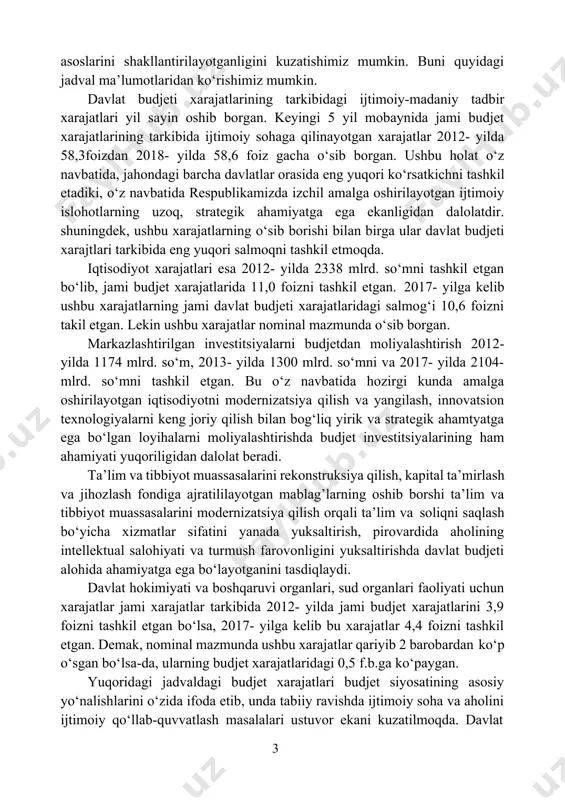ini ijtimoiy himoyalash xarajatlarining izchil ravishda ortib borayotganligi davlatimiz tomonidan kuchli ijtimoiy siyosatning moliyaviy 87 o‘zbekiston respublikasi moliya vazirligi ma’lumotlari. asoslarini shakllantirilayotganligini kuzatishimiz mumkin. buni quyidagi jadval ma’lumotlaridan ko‘rishimiz mumkin. davlat budjeti xarajatlarining tarkibidagi ijtimoiy-madaniy tadbir xarajatlari yil sayin oshib borgan. keyingi 5 yil mobaynida jami budjet xarajatlarining tarkibida ijtimoiy sohaga qilinayotgan xarajatlar 2012- yilda 58,3foizdan 2018- yilda 58,6 foiz gacha o‘sib borgan. ushbu holat o‘z navbatida, jahondagi barcha davlatlar orasida eng yuqori ko‘rsatkichni tashkil etadiki, o‘z navbatida respublikamizda izchil amalga oshirilayotgan ijtimoiy islohotlarning uzoq, strategik ahamiyatga ega ekanligidan dalolatdir. shuningdek, ushbu xarajatlarning o‘sib borishi bilan birga ular davlat budjeti xarajtlari tarkibida eng yuqori salmoqni tashkil etmoqda. iqtisodiyot xarajatlari esa 2012- yilda 2338 mlrd. so‘mni tashkil etgan bo‘lib, jami budjet xarajatlarida 11,0 foizni tashkil etgan. 2017- yilga kelib ushbu xarajatlarning jami davlat budjeti xarajatlaridagi salmog‘i 10,6 foizni takil etgan. lekin ushbu xarajatlar nominal mazmunda o‘sib borgan. markazlashtirilgan investitsiyalarni budjetdan moliyalashtirish …