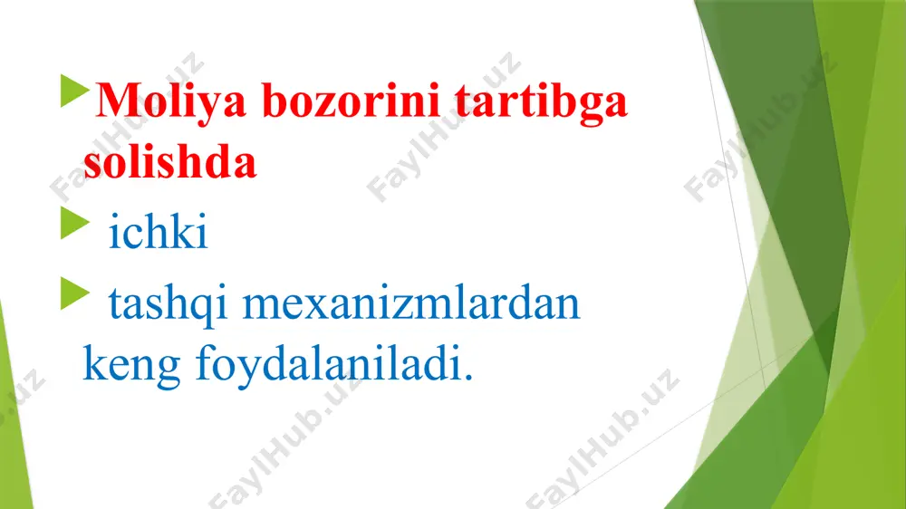 tli qogʻozlar bozorini muvofiqlashtirish va rivojlantirish markazi”; “moliya vazirligi tizimidagi moliya bozori va davlat aktivlari boʻyicha daromadlar tushumini nazorat qilish” boshqarmasi tomonidan amalga oshiriladi. sugʻurta kompaniyalari faoliyati esa moliya vazirligi tizimidagi “sugʻurta nazorati davlat inspeksiyasi” tomonidan; tijorat banklari, mikrokredit tashkilotlari va lombardlar esa markaziy bank tomonidan nazorat qilinadi va tartibga solinadi. e’tiboringiz uchun rahmat! image1.png /docprops/thumbnail.jpeg