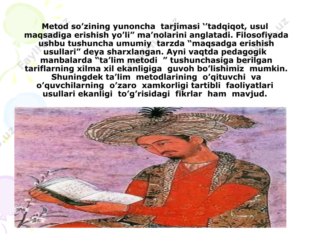 ish mehanizmi o’quvchi vositali faoliyati o’qituvchi faoliyati o’quvchi ta’lim metodi ta’lim metodi erishilgan maqsad 7 tabiiyki umumiy holda erishilgan natija har doim ham o’qituvchining dars boshida belgilangan maqsadiga mos kelavermaydi.talim maqsadi o’qituvchi va o’quvchi faoliyati asosida , shuningdek ta’lim vositalari yordamida natijalanadi , ushbu jarayonda aniq maqsadga yonaltirilgan mexanizm ishiga tushadi. 8 ta’lim metodlarining tasnifi. materialni og’zaki bayon qilish (hikoya tushuntirish maktab ma’ruzasi).o’quvchilar tomonidan bilimlar o’zlashtirish o’qituvchining tushuntirishini faol qobul qilish va puxta o’ylash evaziga amalga oshirildi. suhbat o’quvchilar tomonidan bilimlarni o’zlashtirish jarayoni ular etiboriga xavola etilayotgan savolning mohiyati. anglash mavjud bilimlar va tajribani safarbar qilish savolga oid obe’ktlarni o’zaro taqqoslash , puxta o’ylash va savollarga to’g’ri javob tayyorlashdan iborat. o’qituvchining rahbarligida mavzuni qo’yish savollarini ifodalash , berilgan javoblarini tuzatish to’ldirish va umumlashtirish kabi hollarda nomoyon bo’ladi. 10 e'tiboringiz uchun raxmat 11 image1.jpeg image2.jpeg image3.jpeg image4.jpeg image5.jpeg image6.jpeg image7.jpeg image8.jpeg /docprops/thumbnail.jpeg
