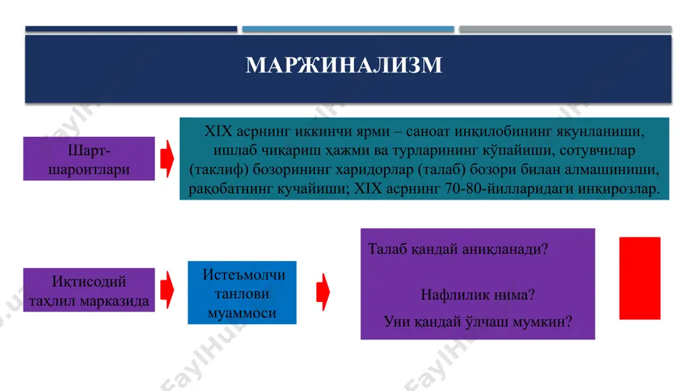 t pokupatel, a ne prodavets, spros, a ne predlojenie. ob'edinit oba podxoda k opredeleniyu tseni udalos a. marshallu. on pokazal, chto spros i predlojenie v ravnoy stepeni uchastvuyut v ustanovlenii tseni i sleduet izuchat kak sferu potrebleniya, tak i sferu proizvodstva. vajnoe mesto v teorii marjinalistov zanimaet analiz ekonomicheskogo ravnovesiya kak ustoychivogo sostoyaniya ekonomicheskoy sistemi. teoriyu obshego ravnovesiya razrabotal l. valras, a teoriyu chastnogo ravnovesiya, t. e. ravnovesiya na otdelnix rinkax, – a. marshall. nachinaya s 1990-x gg., marjinalizm stal gospodstvuyushim napravleniem v ekonomicheskoy teorii. v nastoyashee vremya osnovnie idei etoy teorii stali osnovoy mikroekonomiki i voshli vo mnogie razdeli sovremennix ekonomicheskix uchebnikov. predstaviteley marjinalistskix vzglyadov prinyato podrazdelyat na shkoli. avstriyskuyu shkolu predstavlyayut k. menger, f. vizer i e. byom-bavek. k lozannskoy shkole otnosyatsya l. valras i v. pareto. angliyskaya shkola predstavlena u. djevonsom i f. edjuortom, kembridjskaya shkola – a. marshallom i a. pigu, amerikanskaya – dj. klarkom 3 …
