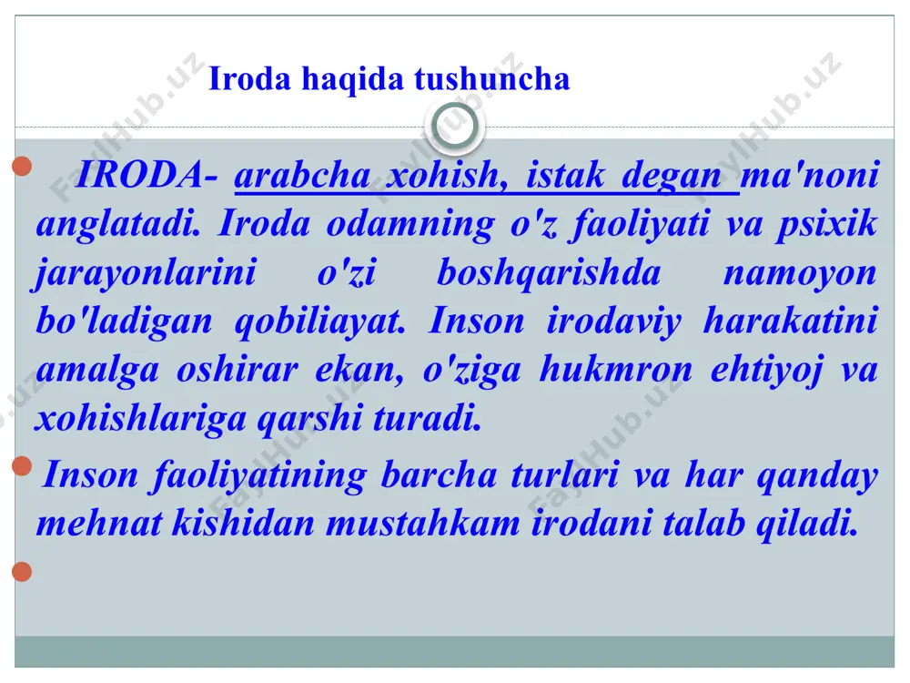 . spinozaning fikricha, iroda bilan aql aynan bir narsadir. unga bunday yondashish irodaning ilmiy nuqtai nazardan tushuntirishni shakllantirgan bo’lsa, ikkinchi bir tomondan u mustaqil substansiya sifatida tan olindi. v.vundtning mulohazasicha, irodaning negizida appersepsiya aktining sub'ekti tomonidan ichki faollik uniki ekanligini his etish yotadi. uning bu konsepsiyasi emosional yoki affektiv nom bilan psixologiya faniga kirib keldi. u.djeymsning tan olishicha, irodaviy harakatlar boshqa ruhiy jarayonlarga qorishtirib bo’lmaydigan birlamchi xususiyatga egadirlar. har qanday g’oya dastlab dinamik tendensiyaga ega bo’lganligi tufayli irodaviy aktning vazifasi diqqat yordami bilan bir g’oyaning boshqasi ustidan ustuvorligini ta'minlashdan iboratdir. iroda borasidagi nazariyalar etarli darajada qat'iy fikr qaror topganligi, iroda - bu insonning qo’yilgan maqsadlariga erishish uchun qilgan faolligidir. iroda tushunchasi mohiyatiga inson tomonidan maqsad g’o’ya olish kabi shaxsiy gavdasini va xulqini idora qilish ham kiritiladi. i.v.selivanov irodani tadqiq etish negizidan kelib chiqqan holda ayrim xulosalarni chiqaradi: a) iroda-bu shaxsning o’z faoliyatini va olamdagi o’zini-o’zi boshqarish shakllarini anglashning tavsifidir; b) …