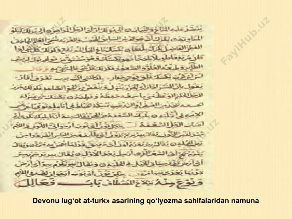 hraydi. to‘rtliklarning hamma misrasi o‘zaro qofiyadosh bo‘lgan a-a-a-a namunalar ham mavjud. murabba’ shakli a-a-a-b ham asarda keng qo‘llangan. «alp er to‘nga marsiyasi», «qish bilan bahor» munozarasi shu shakldadir. «devon»dagi she’riy parchalar, asosan, barmoq vaznida. ayrim namunalar aruzning ba’zi ko‘rinishlariga muvofiq keladi. devon»dagi xalq qo‘shiqlarining tasvir usullari nihoyatda xilma-xildir. o‘xshatish, sifatlash, qarshilantirish, jonlantirish va qiyoslar ularda tez-tez ko‘zga tashlanadi. ko‘pgina ifodalar sodda, ixcham, lekin quyma va ta’sirchan. «qaqlar qamug‘ ko‘lardi...» («yomg‘ir va seldan qoq yerlarning barchasi ko‘l bo‘ldi...») to‘rtligi boshdan oxirgacha jonlantirishga tayanadi. «qish bilan bahor» munozarasida ham xuddi shunday tasvirni ko‘ramiz. «bulnar meni ulas ko‘z...» [«xumor ko‘zli (go‘zal) meni asir qiladi...»] to‘rtligida esa sifatlash asosiy o‘rin tutadi. she’rlarda qofiyalarga katta e’tibor berilgan. «alp er to‘nga o‘ldimu?..» to‘rtligida she’rning ta’sir kuchini ta’minlayotgan unsurlardan biri ham qofiyadir. undagi o‘ldimu– qaldimu–aldimu so‘zlari to‘liq jarangdorligi va ohangdoshligibilan ajralib turadi. alp er to‘nga o‘ldimu? esiz, ajun qaldumu? o‘zlak o‘chin aldumu? emdi yurak yirtulur. o‘d kechar, …