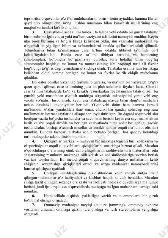 -ketlikka (algoritmik xarakterga), ilgari o‘rnatilgan reja (qoida), tizimga aniq rioya qilish bo‘lib, biror bir ishni maqsadga muvofiq o‘tkazish metodlari, yo‘llari majmuasi. “metodika” tushunchasi turli fanlarni o‘qitish bilan ham bog‘ liqlikda qo‘llanilib, ma’lum sohani o‘qitish jarayoni, mazmuni, qonuniyatlari, tamoyillari, shakl, metod va vositalari yig‘indisini o‘zida ifoda etadi. “metodika” va “texnologiya” tushunchalarining bahs doirasi bilan ham bog‘liqlikda ayrim farqli jihatlarni ajratib ko‘rsatish mumkin. jumladan, metodik tizim “qanday o‘qitish?”, “nima uchun o‘qitish?”, “nimaga o‘rgatish?” kabi savollarga javob izlaydi, texnologiya esa, “qanday tarzda samarali o‘qitishga erishish mumkin?” degan savolni markazga qo‘yadi. metodika o‘quv jarayoninin qanday tarzda tashkil etish lozimligini nazarda tutsa, texnologiya qay yo‘sinda o‘quv jarayonini eng qulay, maqbul tarzda amalga oshirishga diqqat-e’tiborni qaratadi. 2.zamonaviy didaktikada ta’lim metodlari tasnifiga turlicha yondashuvlar. didaktik tadqiqotlar ko‘rsatadiki, ta’lim metodlari nomenklaturasi (nomlanishi) va tasnifi ularni ishlab chiqishda tanlangan yondashuvga bog‘liq holda juda xilma-xil ekanligi bilan xarakterli. ulardan eng muhimlariga to‘xtalamiz. ta’lim metodlari tasnifi: an’anaviy (manbasiga ko‘ra) ta’lim metodlari …
