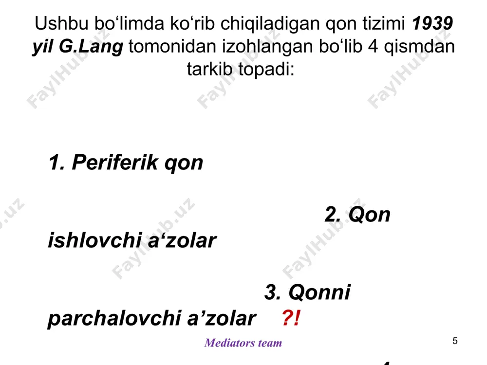 eam 37 rang koʻrsatkich yoki farb indeksi (rk) eritrotsitlar choʻkish tezligi (echt) normada 33,3% ni tashkil qiladi (30-38% orasida). va bu hajm birligida toʻyinganlik normoxromik rbc deb nomlanadi. meʼyordan kam boʻlgan hollar esa fe tanqislik anemiyasida uchraydi va gipoxromik rbc deb nomlanadi. hbx3/eritrotsit (3ta soni) tanaffus dentistry 07 38 dentistry 07 39 dentistry 07 40 eritron va eritropoez (gemopoez) ??? mediators team 41 mediators team 42 gemopoez eritropoez leykopoez trombopoez (megakariotsitopoez) mediators team 43 rbclarning shakllanishi 5 yoshgacha barcha suyak koʻmiklarida amalga oshsa, 20 yoshdan keyin uzun suyaklar ahamiyati yoʻqoladi, bunga sabab nima? 44 mediators team 45 mediators team dentistry 07 46 oʻsish va differensirovka induktorlari induktorlari turli oʻzak hujayralarning oʻsishi va koʻpayishi oʻsish induktorlari deb nomlanuvchi oqsillar tomonidan boshqariladi. turli xususiyatga ega boʻlgan kamida toʻrt xil induktorlar farqlanadi. interleykin-3 (universal) vahokazo oʻsish induktorlari hujayralarning oʻsishiga yordam bergani holda ularning differensirovkasiga taʼsir qilmaydi. gipoksemiya differensirovkasi ??? infeksiya differensirovkasi ??? 47 …
