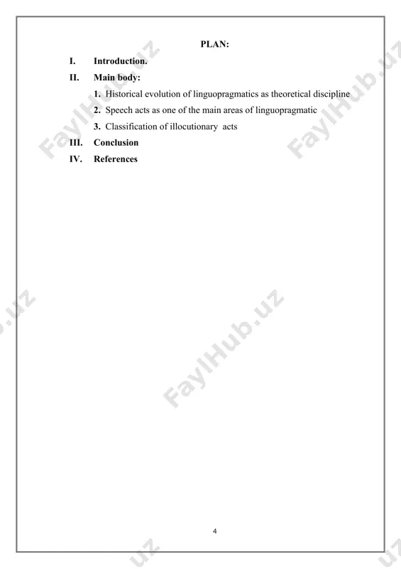 tics”, sh. safarov “pragmalinguistics” k. esenova “pragmalinguistic studies on linguistics”, researches on the linguipragmatics and tv news and many others. theoretical value of the course paper e lies in the fact that the research is done in the framework of a new modern trend- pragmalinguistics. the investigation of different conversation types from the means of linguopragmatics and its aspects contribute for a further development of linguopragmatic theory, in english and uzbek studies. practical value is that the results of the research can be used at the lectures and seminars in pragmalinguistics, text linguistics, cognitive linguistics and stylistics. the structure of the course paper is the following: introduction, main body, conclusion, references. 1. historical evolution of linguopragmatics as theoretical discipline one of the most conspicuous direction of linguistics in the xxi century is a connection between linguistics and pragmatics in both structure and logical meaning. this issue should be viewed and …