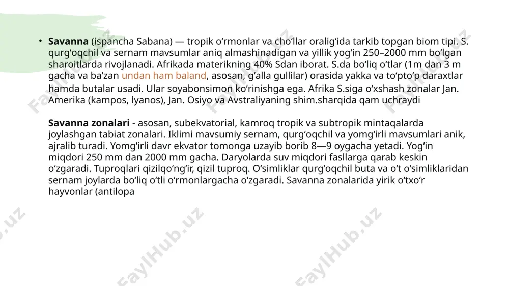 engayib boradi. chegaralar orasidagi o'rmonlar asta-sekin noziklashgan, ularning tarkibi kambag'al bo'lib, doimiy o'rmon massasi o'rtasida savannah dog'lari paydo bo'ladi. sekin-asta tropik yomg'ir o'rmonlari faqat daryo vodiysida cheklanadi va suv havzalarida ular qurg'oq mavsumiga yoki savannalarga barglari tushadigan o'rmonlar bilan almashtiriladi. o'simlikning o'zgarishi ho'l davrda pasayish va ekvatordan bo'lgan masofa uzoq va uzoqroq bo'lishiga olib keladigan qurg'oq mavsumining paydo bo'lishi natijasida yuzaga keladi. shimoliy keniyaning shimoli-g'arbiy sohilidagi savannah zonasi sayyoramizning eng katta o'simlik jamiyati bo'lib, kamida 800 ming km 2. agar yana 250 ming km2 gvineya-sudan savannasini qo'shsak, yer yuzining bir million kvadrat kilometrdan ortiq qismini maxsus tabiiy kompleks - afrika savannah egallab turibdisavannasning ajralib turadigan xususiyati quruq va ho'l mavsumlarning o'zgarishi bo'lib, ular bir-birini almashtirib, olti oy davom etadi. haqiqatan ham, savannalar joylashgan subtropik va tropik kengliklarda ikki xil havo massasining o'zgarishi - nam ekvatorli va quruq tropik. mavsumiy yomg'irni olib keladigan musson shamollari savanna iqlimiga sezilarli ta'sir ko'rsatadi. ushbu …