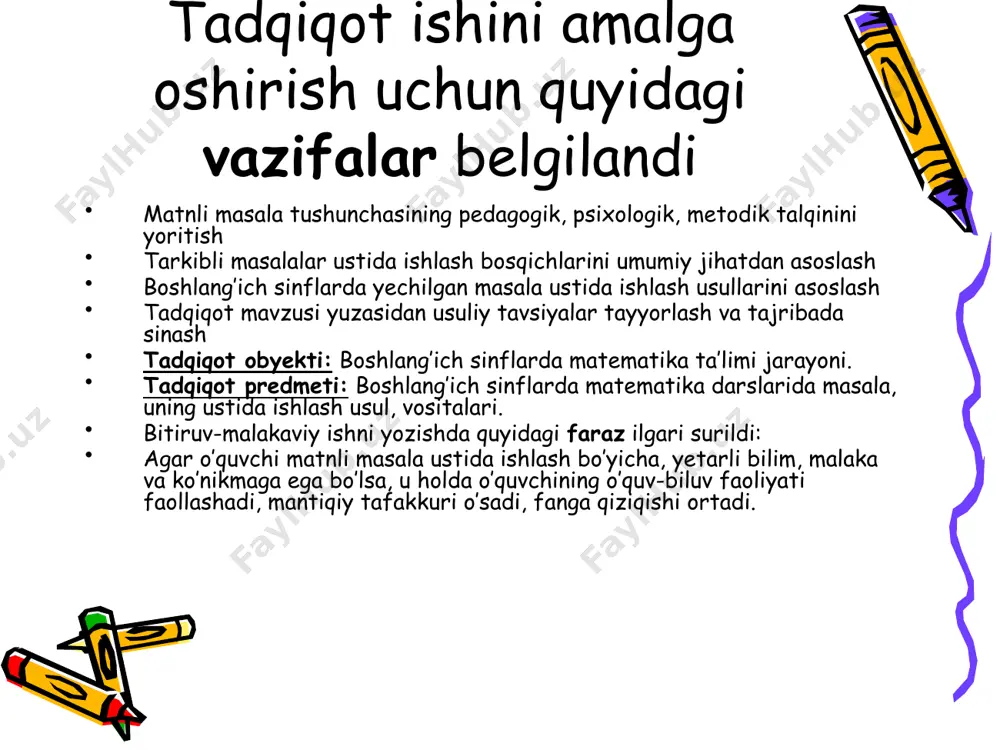 5.echilgan masala ustida ishlash. endi quyidagi masalani ko’raylik. “kolhoz avtoparkiga 2400 l benzin keltirildi. bundan 1-kun 3q10 qismi, 2-kun 2q10 qismi sarflandi. har ikkala kunda necha litr benzin sarflandi?” bu masalaga quyidagi uch hil ko’rinishda qisqa shartni yozib ko’rsatish qulay. 1.grafik usuli. shunday qilib masala qanday qisqa shartida tuzilmasin, masalaning to’la shartini ifodalashi va yechim yo’lini tanlashga yordam berishi kerak. masala bu – so’zlar bilan ifodalangan savol bo’lib, uning javobi arifmetik amallar yordamida olinishi mumkin. boshlang’ich sinf o’quvchilarini mantiqiy tafakkurini o’stirishda matnli masala muhim vosita bo’lib xizmat qiladi. masala tushunchasini turli olimlar tomonidan turlicha talqin etilishi ishimizning birinchi bandida keltirilgan. shartli ravishda masala quyidagi tarkibiy elementlarga ajratilishi mumkin. masalaning sharti – syujetlarning so’zlar bilan bayoni bo’lib, unda son qiymatlari masala tarkibiga kiruvchi kattaliklar orasidagi funksional bog’lanish oshkor (sonlar yordamida) holda yoki oshkormas shaklda (so’zlar yordamida) ko’rsatilgan bo’ladi. masalanig savoli – bunda bir yoki bir necha kattalikning noma’lum qiymatlarini bilish taklif …