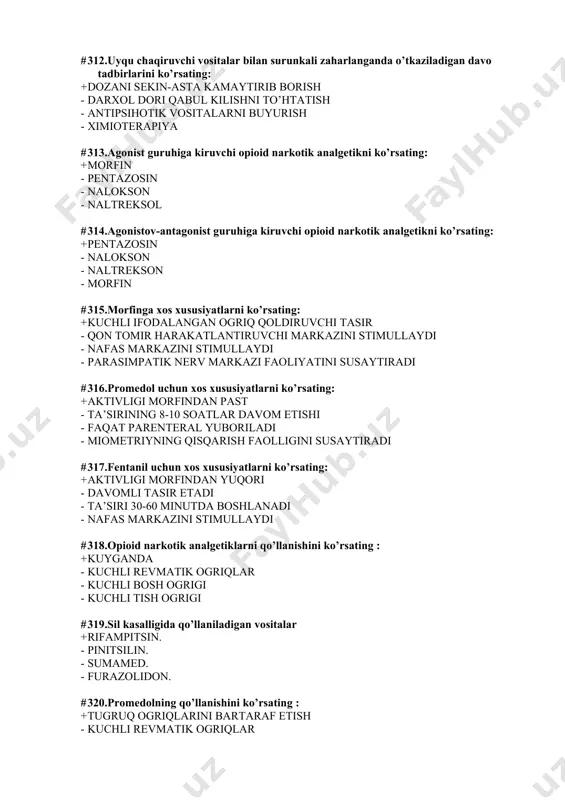 ing: + opioid reseptorlarining qisman agonisti - opioid reseptorlarining antagonisti - aktivligi morfindan yuqori - yallig’lanishga qarshi ta’sir # 322. morfindan o’tkir zaxarlanishda kuzatiladigan effektni ko’rsating: + nafasning susayishi - keskin psixomotor qo’zg’alish - keskin midriaz - tana haroratini ko’tarilishi # 323. morfindan o’tkir zaharlanishda ko’rsatiladigan yordam: + naltrekson yuborish - gipotenziv vositalarni yuborish - promedol yuborish - barbituratlar yuborish # 324.salisil kislotasi unumiga mansub noopioid (nonarkotik) analgetikni ko’rsating: + asetilsalisilat kislota - parasetamol - tramadol - indometasin # 325. noopioid(nonarkotik)analgetik vositalarni haroratni tushirishga xos effektini ko’rsating: + siklooksigenazani ingibirlovchi - xaroratni pasaytiruvchi - ter ajralishini kamaytiradi - issiqlik hosil bo’lishini ko’taradi # 326. analgin uchun xarakterli xususiyatlarini ko’rsating: + og’riqni pasaytiruvchi - nafas markazini susaytiradi - siydik hosil bo’lishini stimulaydi - mit da so’rilishi qiyin # 327. noopioid(nonarkotik)analgetik og'riq qoldiruvchi xos xuxusiyatlarni ko’rsating: + analgetik ta’siri pastligi - uxlatuvchi ta’siri yaqqolligi - nafas pasayishini chaqiradi - o’rganishni chaqiradi # …