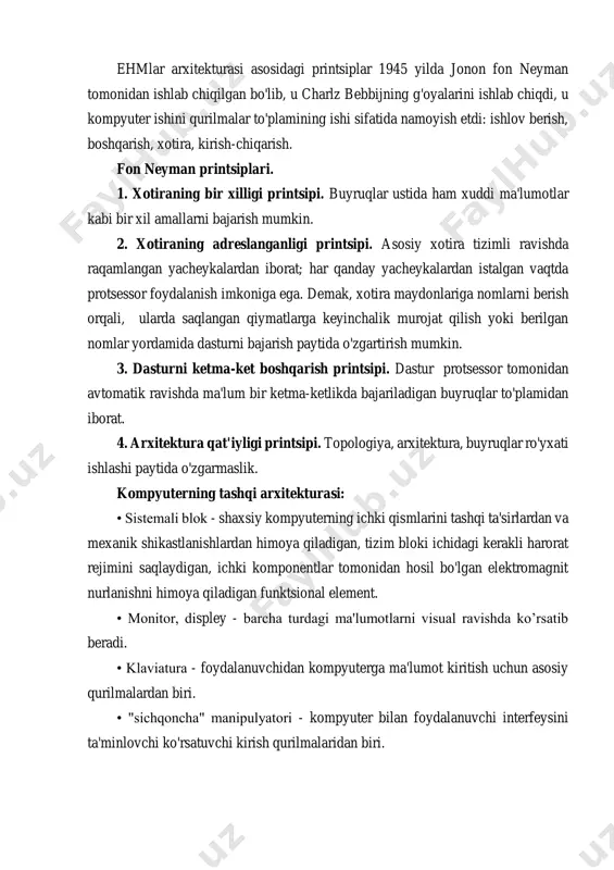 uterlar uchun asosiy saqlash qurilmasi. • tarmoq kartasi, tarmoq adapteri - kompyuterning tarmoqdagi boshqa qurilmalar bilan aloqa qilishiga imkon beruvchi periferiya qurilmasi. • modem - aloqa tizimlarida ishlatiladigan modulyatsiya va demodulyatsiya funktsiyalarini bajaradigan uskuna. • kompyuter quvvat manbai - kompyuter bloklarini elektr energiyasi bilan ta'minlash uchun mo'ljallangan quvvat manbai. • diskovod - raqamli tashuvchida disk shaklida ma'lumotlarni o'qish / yozish imkonini beradigan elektromexanik moslama. • kompyuterni sovutish tizimi - kompyuterdagi issiqlikni (asosan sovutishni) bartaraf etish uchun vositalar to'plami. topshiriq variantda berilgan kompyuterning ishlashi uchun qurulmalarni keltiring 2. quyidagi tasnifga ko'ra shaxsiy kompyuterni tanlang: video tahrirlash uchun kompyuter. kompyuterning ishlashi uchun kerakli qurilmalar: ichki qurilmalar: 1. protsessor (cpu) – intel core i7 / i9 yoki amd ryzen 7 / 9 2. operativ xotira (ram) – kamida 16 gb, afzal 32 gb 3. video karta (gpu) – nvidia geforce rtx 3060 / 3070 yoki amd radeon rx 6700 xt 4. xotira (ssd/hdd) …