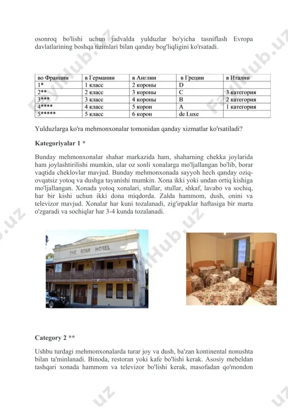 turistlarning eng keng tarqalgan turi - bu mehmonxona. xonalar bitta, ikki yoki uchta bo'lishi mumkin. mehmonxona hududida mehmonlar uchun kir yuvish, suzish havzasi, sport zali, internet-xizmatlar, valyuta almashtirish va chiptalarni bron qilish kerak. xonada: televizor, sovutgich, hammom, ba'zan mini-bar va telefon. yotgan choyshablari haftasiga ikki marta o'zgartiriladi, sochiqlar har kuni o'zgarib turadi, shuningdek, sovunni ta'minlaydi. turkiyada, xona klimalıdır. hyperlink "https://medifile.unistica.com/imfile/6ba196ae2e611ca1.jpg" kategoriyalar 4 **** ushbu mehmonxonalar yuqori darajadagi xizmat va qulaylik bilan ajralib turadi. bu erda turar joy, taom va turli xil o'yin-kulgilarni topishingiz mumkin. sport zali, konferentsiya zali, restoran, transfer xizmati , kiyimlarni yuvish, dazmollash va tozalash, qo'shimcha bepul xizmatlar: sport zali, sud, hovuz va diskoteka bo'lishi kerak. xonada: masofadagi qo'mondonli rangli televizor, sovutgich, mini-bar, klima, minibar, telefon, sochlarini fen mashinasi, sochiq, sovun, shampun va boshqalar. xona tozaligi va zig'irning har kuni o'zgarishi. xona xizmati 24 soat xizmat qiladi. hyperlink "https://medifile.unistica.com/imfile/1161c5ce2e6b1ca3.jpg" kategoriyalar 5 ***** bu yuqori darajadagi mehmonxona yaxshi ko'rinishga …