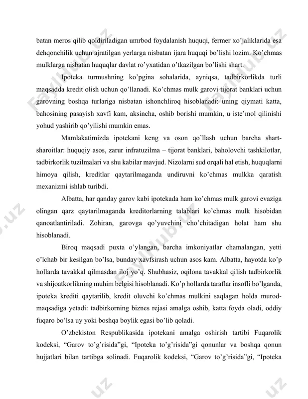 katta foyda oladi, oddiy fuqaro bo’lsa uy yoki boshqa boylik egasi bo’lib qoladi. o’zbekiston respublikasida ipotekani amalga oshirish tartibi fuqarolik kodeksi, “garov to’g’risida”gi, “ipoteka to’g’risida”gi qonunlar va boshqa qonun hujjatlari bilan tartibga solinadi. fuqarolik kodeksi, “garov to’g’risida”gi, “ipoteka to’g’risida”gi qonunlarda belgilanishicha, ipoteka ko’chmas mulk (binolar, inshootlar, korxonalar, yer uchastkalari va boshqa ko’chmas mulk ob’ektlari) garovidir. tijorat banklarida ipoteka kreditining shakllanishi va rivojlanishiga o’zbekiston respublikasi prezidentining 1994 yil 5 martdagi «respublikada uy-joy qurilishini rag’batlantirish va rivojlantirishga oid chora-tadbirlar to’g’risida»gi pf-744-sonli farmoni huquqiy asos bo’ldi. ushbu farmonning e’lon qilinishi mamlakatimiz tijorat banklarining yakka tartibdagi uy-joy qurilishiga, uni rekonstruksiya qilishga ipoteka kreditining muhim xususiyati uning maqsadli yo’naltirilganligi bo’lib, u nafaqat uy-joy qurish va sotib olish, balki ishlab chiqarish binolarini qurish va sotib olish munosabatlarini rivojlantirishda aloxida o’rin kasb etadi. bu esa, o’z navbatida, ipoteka kreditini samarali boshqarish zaruriyatini keltirib chiqaradi xxi asr boshlarida jahon xo’jaligi rivojlanishining muhim jihati xalqaro fond bozorlarining integratsiyalashuvi va …