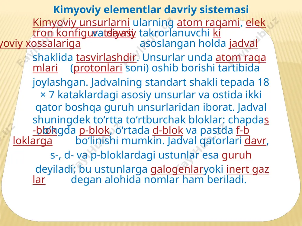 sini 1,5—2 marta oʻzgartirish, baʼzi elementlar (kobalt, tellur, argon)ning joylashish tartibini oʻzgartirish va nihoyat 11 elementning (fransiy, radiy, aktiniy, skandiy, galliy, germaniy, protaktiniy, poloniy, texnetsiy, reniy, astat) kashf qilinishi kerakligini oldindan aytib berdi. elementlarning xossalari kuyidagi tartibda oʻzgaradi (jadvalga k,.). faol ishqoriy metall — litiydan soʻng faolligi kamrok, metall — berilliy, undan keyin kuchsiz metalloidlik xossalarga va metallarning baʼzi xossalariga ega boʻlgan bor turadi. qatorda bordan keyin 4 valentli metalloid — uglerod, soʻng metalloidlik xossalari yanada ravshanroq ifodalangan azot, yaqqol metalloid — kislorod va nihoyat eng faol metalloid, yettinchi element — ftor keladi. neondan soʻng (keyingi qatorda) litiyga oʻxshash bir valentli metall — natriy keladi. natriydan keyin elementlar xossalarining oʻzgarib borishi tartibga qarab joylashadi, yaʼni yuqoridagi holat takrorlanadi. darhaqiqat natriydan soʻng berilliy analogi boʻlgan magniy keladi; undan keyin alyuminiy turadi. alyuminiy, garchi bor kabi metalloid boʻlmay, balki metall boʻlsa ham, u baʼzida metalloidlik xossalarini namoyon qiladigan elementdir. alyuminiydan keyin koʻp …