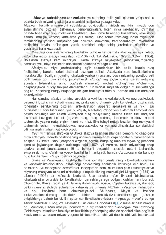 tiklash jarayoni uch bosqichda o‘tkazilishini ko‘rsatib berdi. birinchi bosqich bo‘g‘in va so‘zning ichki sxemasi ustida ishlash bosqichi. bunda asosiy e’tibor so‘z va bo‘g‘inning strukturasini tiklashga qaratiladi. ikkinchi bosqich-so‘zning morfologik va semantik jihatlari analizi ustida ishlash bosqichi. uchinchi bosqichi-jumlaning grammatik strukturasini tiklash, ya’ni agrammatizatsiyani bartaraf etish ustida ishlash bosqichi. ulug‘ vatan urushi yillari b.g.ananev boshchiligida tbilisi va leningradda bir guruh psixologlar va pedagoglar afaziyaning turli shakllaridagi nutqiy buzilishlarni bartaraf etishning original metodikalarini ishlab chiqdilar. b.g.ananev va s.n.astaxov (1946, 1947) motor afaziyali bemorlarda literal agrafiyani bartaraf etishga qaratilgan konstruktiv-analitik metodikani taklif etishdi. bu metodika ular tomonidan optik taktil metod bilan ishlashda asosiy yordamchi vosita bo‘lib xizmat qilgan. mualliflarning ko‘rsatishicha avval turli elementlardan konstruk-siyalash orqali harf obrazi tiklanadi., so‘ngra kasalning eshitayotgan alohida tovush va so‘zlarni yozish qobiliyati tiklanadi, shundan keyingina aniq talaffuz etish mashqlari bajariladi. optik-taktil metod chegaralaridan chiqishga bo‘lgan urinishlar 40-yillarda ham kuzatildi. jumladan, t.m.moxova (1948) fonetik metod tarafdori sifatida optik-taktil metodni …