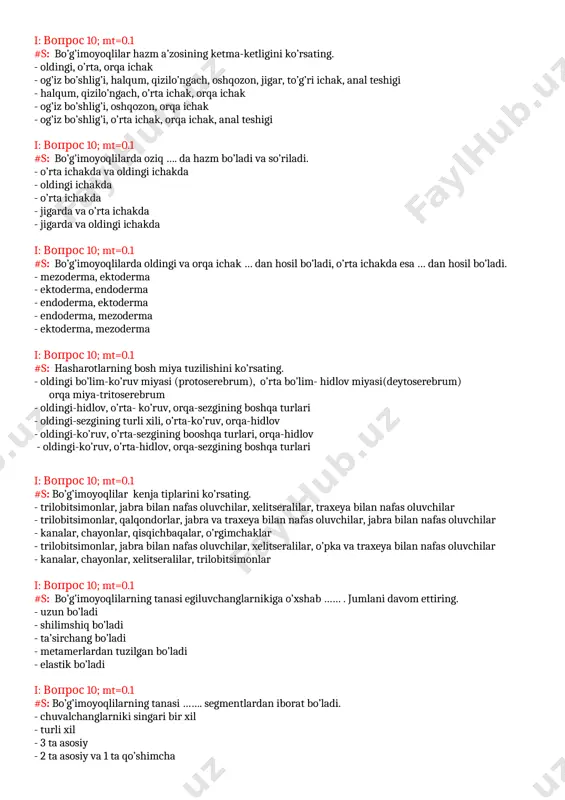 t=0.1 #s: bo’g’imoyoqlilarning tanasi ……. segmentlardan iborat bo’ladi. - chuvalchanglarniki singari bir xil - turli xil - 3 ta asosiy - 2 ta asosiy va 1 ta qo’shimcha - 1 ta asosiy va 2 ta qo’shimcha i: вопрос 10; mt=0.1 #s: битлар қандай ривожланади? - чала метаморфоз билан - тўлиқ метаморфоз билан - хўжайин алмаштириш билан - тўғри жавоб йўқ i: вопрос 10; mt=0.1 #s: облигат-трансмиссив касалликлар? - фақат ташувчилар орқали юқади - ташувчилар ёки бошқа йўллар билан юқади - контакт орқали юқади - алиментар юқади - оғир кечувчи, турли йўллар билан юқувчи i: вопрос 10; mt=0.1 #s: қов бити.......? - эктопаразит - қайталама терлама касаллигини қўзғатувчисини ташувчиси - спирохетознинг ташувчиси - риккетсиознинг ташувчиси i: вопрос 10; mt=0.1 #s: одам қандай қилиб тошмали терламани юқтиради? - битларнинг чақиши орқали - битлар ахлатининг теридаги яраларга тушиши орқали - битларни ютиш орқали - битларни эзганда гемолимфасининг теридаги яраларга тушиши орқали i: вопрос …
