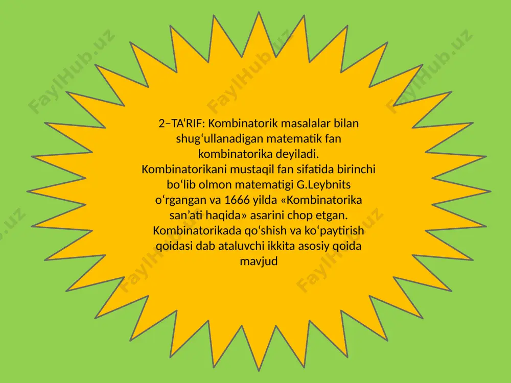 sh mumkin: berilgan n ta elеmеntdan k tadan o‘rinlashtirish soni kabi belgilanadi va uning qiymati quyidagi formula bilan hisoblanishini isbotlash mumkin: formula bilan hisoblanadi. masalan, {a,b,c} to‘plamdan n=3 ta elementdan k=2 tadan o‘rinlashtirishlar {а;b},{а;с},{b;с},{b;а},{с;а},{с;b} bo‘lib, ularning soni masala-4: talaba 4 ta fan bo‘yicha qo‘shimcha tayyorlanish uchun ularning har biriga haftaning bir kunini ajratmoqchi bo‘ldi. talaba hafta kunlarini fanlarga necha usulda taqsimlashi mumkin? masala-4: talaba 4 ta fan bo‘yicha qo‘shimcha tayyorlanish uchun ularning har biriga haftaning bir kunini ajratmoqchi bo‘ldi. talaba hafta kunlarini fanlarga necha usulda taqsimlashi mumkin? yechish: talabani i-iv fanlar uchun haftaning tanlagan kunlariini k=4 ta elementli x={x1, x2, x3, x4} to‘plam, hafta kunlarini esa n=7 elementdan iborat h={1,2,3, … ,7 } to‘plam singari qaraymiz. bu holda xh bo‘lib, uni hosil etish n=7 ta elementdan k=4 tadan o‘rinlashtirishlarga mos keladi, chunki bunda elementlarning joylashish tartibi ham ahamiyatga ega. masalan, {2,4,6,7} taqsimotda i fanga dushanba (2), ii fanga chorshanba (4), …