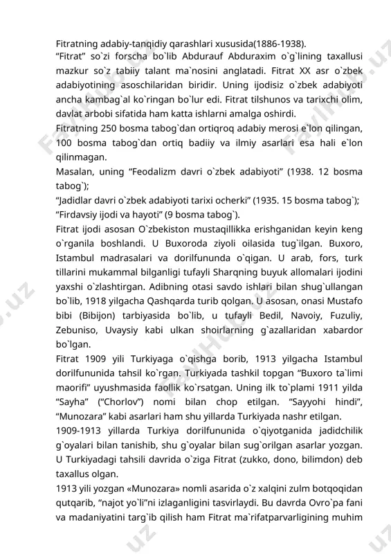 malarida milliy mustaqillik uchun kurash mavzui tabiiy ifodasini topgan. 1922 yili nashr etilgan “o`zbek yosh shoirlari” to`plamida cho`lpon, elbek she`rlari bilan birga fitratning she`rlari ham nashr etildi. uning “mirrix yulduziga”, “behbudiyning sag`anasini izlab”, “sharq”, “shoir” kabi she`rlarida shoir millatparvar va vatanparvarlik pozitsiyasida turadi. shoir “abulfayzxon”, “arslon”, “vosye qo`zg`oloni”, “shaytonning tangriga isyoni” kabi dramalarini yaratdi. fitrat 1921-23 yillarda buxoro xalq jumhuriyatida maorif xalq noziri bo`lib xizmat qilgan. 1923-24 yillarda esa frunzechilar tomonidan quvg`in qilingan shoir maskvadagi sharq tillari institutida ilmiy faoliyat bilan shug`ullangan. fitratning o`zbek tili grammatikasiga oid darsliklari 1925-30 yillarda besh marta chop etilgan. unga o`zbek olimlaridan birinchilardan bo`lib, professor unvoni berilgan. 1991 yil 25 sentabrda fitratga o`zbek adabiyotini rivojlantirishdagi xizmatlari uchun alisher navoiy respublika davlat mukofoti berildi. fitrat yirik olim, adabiyotshunos sifatida “adabiyot qoidalari”, “eski o`zbek adabiyoti namunalari”, “aruz haqida” kabi ilmiy kuzatuvlari o`zbek adabiyotshunoslik fanining shakllanishida muhim rol o`ynaydi. uning umar xayom, firdavsiy, navoiy, bedil haqidagi tadqiqotlari adabiyotimiz …