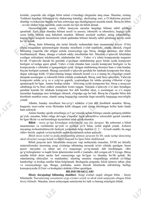 emas, balki qachondir qabul qilingan «qulay» tamoyillarga tayanish yotadi. skeptitsizm ta'limot sifatida, hyech shubhasiz, zararlidir, chunki u insonning bilish borasidagi deyarli barcha imkoniyatlarini kamsitadi. bilimga chanqoq bo‘lgan, bilishga harakat qilayotgan odam optimist: «men buning nimaligini bilmayman, biroq bilishga umid qilaman», deydi. agnostik esa, «men buning nimaligini bilmayman va hyech qachon bila olmayman», deb ta'kidlaydi. yuzaki skeptitsizm, ko‘r-ko‘rona fanatizm kabi, dunyoqarashi tor odamlarda ko‘p uchraydi. f.laroshfuko ta'biri bilan aytganda, kaltabin odamlar odatda o‘z dunyoqarashi doirasidan chetga chiqadigan hamma narsani qoralaydi. biroq oqilona darajadagi skeptitsizm foydali va hatto zarur. bilish usuli sifatida skeptitsizm shubha shaklida amal qiladi, bu esa haqiqatning tagiga yetish sari tashlangan qadamdir. shubha eskirgan, qotib qolgan aqidalardan voz kechadi, ularga putur yetkazadi. u – rivojlanayotgan fanning muhim unsuri. bilimsizlik qayd etadi va inkor qiladi, bilim – shubhalanadi. biroq bu uch yo‘nalishni farqlash, bizningcha, masalani soddalashtirishdan boshqa narsa emas. to‘g‘ri, agnostiklar dunyoni bilish mumkinligini inkor etadilar, ammo bu ko‘r-ko‘rona, hyech …