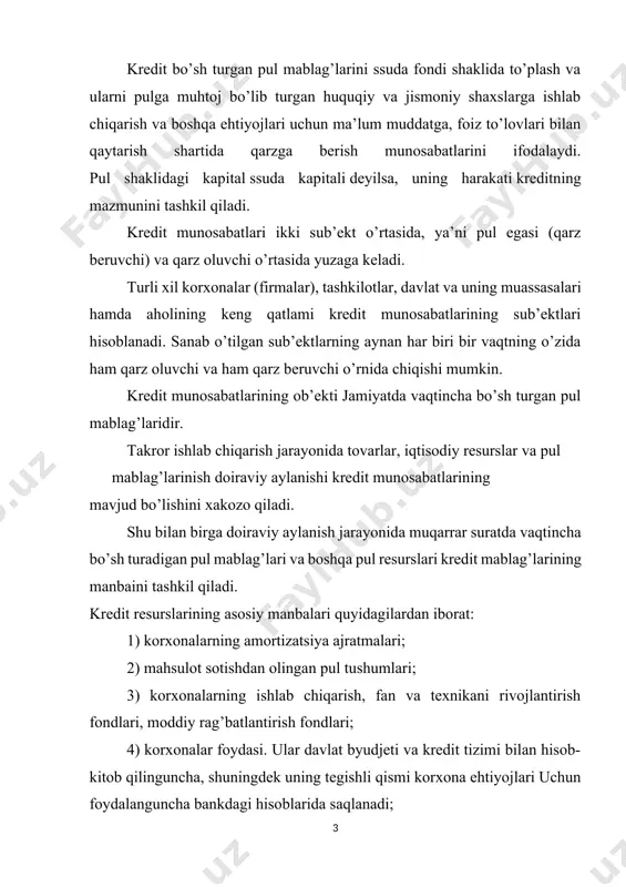 esurslari; 3. bank tizimi. markaziy va tijorat banklari hamda ularning vazifalari bozor iqtisodiyoti sharoitida pul muomalasini ta’minlashda banklar muhim rol o’ynaydi. banklar pul mablag’larini to’plash, joylashtirish va ularning harakatini tartibga solish bilan shug’ullanuvchi iqtisodiy muassasadir. banklar faoliyatining asosiy tomonlaridan biri kredit munosabatlariga xizmat qilish bo’lib, ular kredit muassasalarining asosini tashkil qiladi. banklar tizimi odatda ikki bosqichli bo’lib, o’z ichiga markaziy (emission) bank va tijorat (depozitli) banklarning tarmoq otgan shaxobchalarini oladi. davlat banki mamlakat pul-kredit tizimini markazlashgan tartibda boshqaradi va davlatning yagona kredit siyosatini amalga oshiradi. davlat banki markaziy bank hisoblanadi. buning mazmuni shundan iboratki, birinchidan, ko’pchilik mamlakatlarda davlat banki yagona markaziy bankdan iborat bo’lib, u o’tkazadigan siyosat tartiblari yuqori davlat organlari tomonidan o’rnatiladi. ikkinchidan, markaziy bank tijorat banklari va jamg’arma muassasalaridan mablag’larni qabul qilib, ularga kredit beradi. xususan, shu sababga ko’ra markaziy bank "banklar banki" deyiladi. uchinchidan, markaziy bank faqat foyda olishga intilib faoliyat qilmaydi, davlatning butun iqtisodiyot holatini yaxshilash …