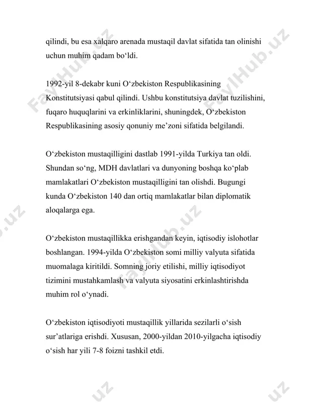 o‘yilgan bo‘lib, bu 2019-yilda 4,9 mlrd aqsh dollarini tashkil etgan. 2020-yilda esa bu koʻrsatkich 7,1 mlrd aqsh dollariga yetgan, bu esa investitsiya iqlimining yaxshilanishini koʻrsatuvchi raqamdir. orolboʻyi mintaqasida ijtimoiy-iqtisodiy rivojlanishi doirasida 2020-2023-yillarga moʻljallangan davlat dasturiga koʻra, 500 ta loyiha amalga oshirilishi rejalashtirilgan. 2020-yilda jami 11 trillion soʻmlik 200 dan oshiq loyiha amalga oshirildi. ta’lim sohasida ham davlat tomonidan 2020-yilda ta’limga ajratilgan mablagʻ 3,6 trillion soʻmni tashkil etgan. shuningdek, sog‘liqni saqlash tizimini moliyalashtirishga ajratilgan mablag‘lar 2021-yilda 17% ga orttirildi. yuqoridagi raqamlar o‘zbekistonda amalga oshirilayotgan ijtimoiy-iqtisodiy islohotlarning bir qismidir. bu islohotlar iqtisodiyotni barqarorlashtirish, aholining turmush darajasini yaxshilash, zamonaviy texnologiyalarni tatbiq qilish va xalqaro iqtisodiy tizimiga integratsiyalashuv jarayonlariga katta hissa qo‘shmoqda. 3. oʻzbekistonning siyosiy partiyalari oʻzbekiston respublikasining siyosiy hayoti koʻp partiyali tizim asosida tashkil etilgan. hozirgi kunda, mamlakatda bir nechta muhim siyosiy partiya faoliyat yuritmoqda. ushbu partiyalar oʻz dasturlari va maqsadlariga koʻra mamlakatning siyosiy, iqtisodiy va ijtimoiy rivojlanishiga hissa qoʻshmoqda. quyida oʻzbekistondagi asosiy …