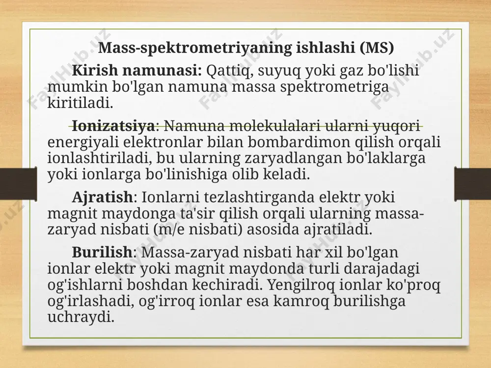 qqi butun molekulyar ion emas, balki parcha ioni bo'lishi mumkin. tepaliklar va m/z qiymatlari: spektrdagi har bir cho'qqi turli m/z qiymatiga to'g'ri keladi, bu ionlarning massa-zaryad nisbatini ko'rsatadi. agar ionlar bitta zaryadga ega bo'lsa, m/z qiymati birikmaning molekulyar massasiga teng bo'ladi. spektrning x o'qida m/z qiymatlari chapdan o'ngga ko'tariladi. molekulyar ion: molekulyar ion ko'pincha eng yuqori m/z qiymatiga ega cho'qqi sifatida ifodalanadi. molekulyar ion butunni ifodalaydi molekula tergov ostida va uning nisbiy molekulyar massasi haqida ma'lumot beradi. shuni ta'kidlash kerakki, molekulyar ion ba'zi holatlarda, ayniqsa molekula mo'rt yoki tez bo'linib ketgan bo'lsa, sezilmasligi mumkin image5.png image6.png image7.png image3.png image4.png /docprops/thumbnail.jpeg
