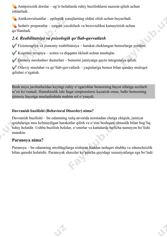 atiladi. 💊 antikonvulsantlar – epileptik xurujlarning oldini olish uchun buyuriladi. 💊 sedativ preparatlar – uyquni yaxshilash va bezovtalikni kamaytirish uchun qo‘llaniladi. 2.4. reabilitatsiya va psixologik qo‘llab-quvvatlash ✔️ fizioterapiya va jismoniy reabilitatsiya – harakat cheklangan bemorlarga yordam. ✔️ kognitiv terapiya – xotira va diqqatni tiklash uchun mashqlar. ✔️ ijtimoiy moslashuv dasturlari – bemorni jamiyatga qayta integratsiya qilish. ✔️ oilaviy maslahat va qo‘llab-quvvatlash – yaqinlariga bemor bilan qanday muloqot qilishni o‘rgatish. bosh miya jarohatlaridan keyingi ruhiy o‘zgarishlar bemorning hayot sifatiga sezilarli ta’sir ko‘rsatadi. hamshiralik ishi faqat simptomlarni kuzatish emas, balki bemorning ijtimoiy hayotga moslashishida muhim rol o‘ynaydi. davranish buzilishi (behavioral disorder) nima? davranish buzilishi – bu odamning xulq-atvorida normadan chetga chiqish, jamiyat qoidalariga mos kelmaydigan harakatlar qilish va o‘zini boshqara olmaslik bilan bog‘liq ruhiy holatdir. ushbu buzilish bolalar, o‘smirlar va kattalarda turlicha namoyon bo‘lishi mumkin. paranoya nima? paranoya – bu odamning atrofdagilarga nisbatan haddan tashqari shubha va ishonchsizlik bilan qarashi holatidir. paranoyak …